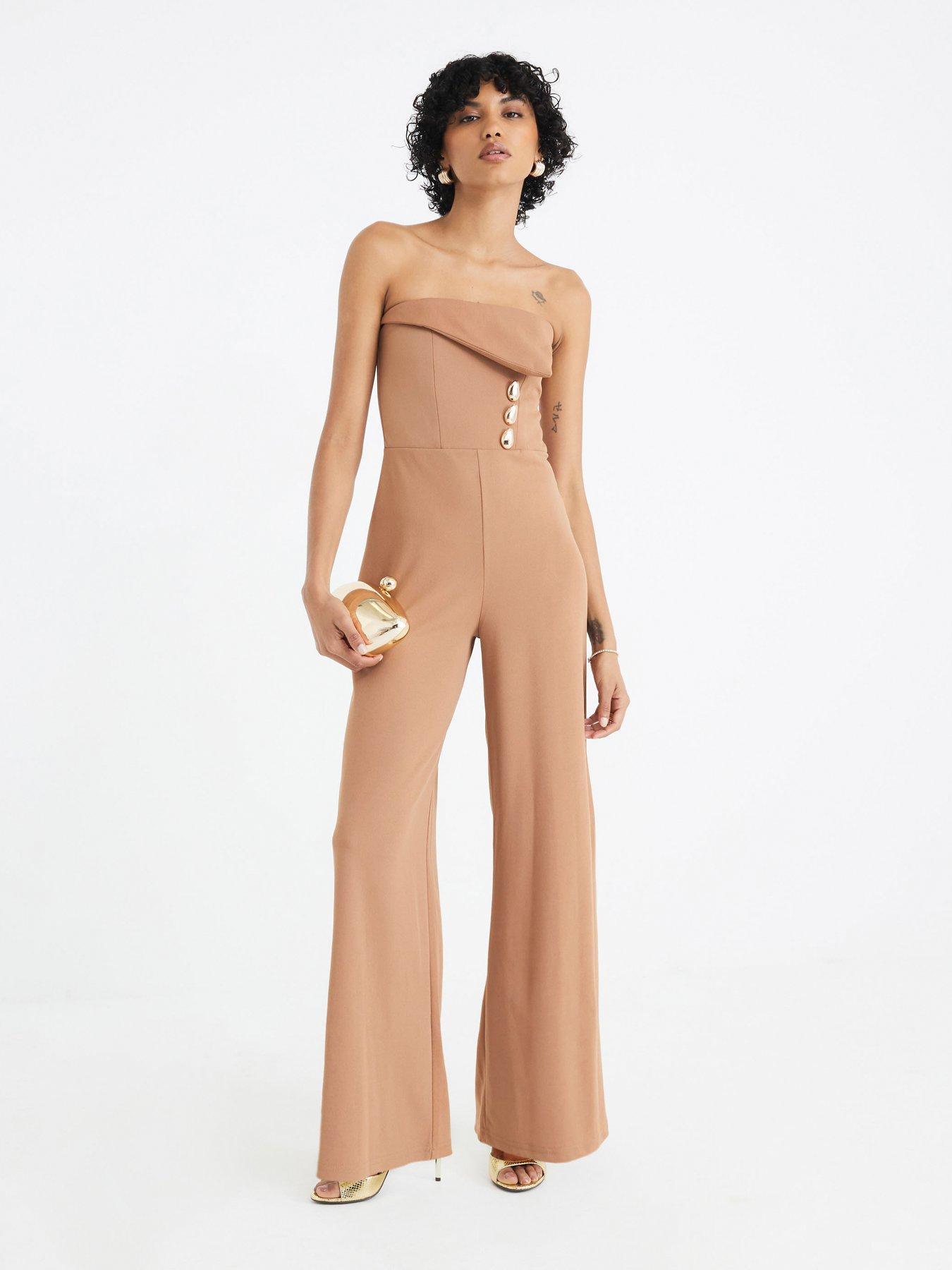 Image 3 of 4 of River Island Bandeau Trim Jumpsuit - Beige