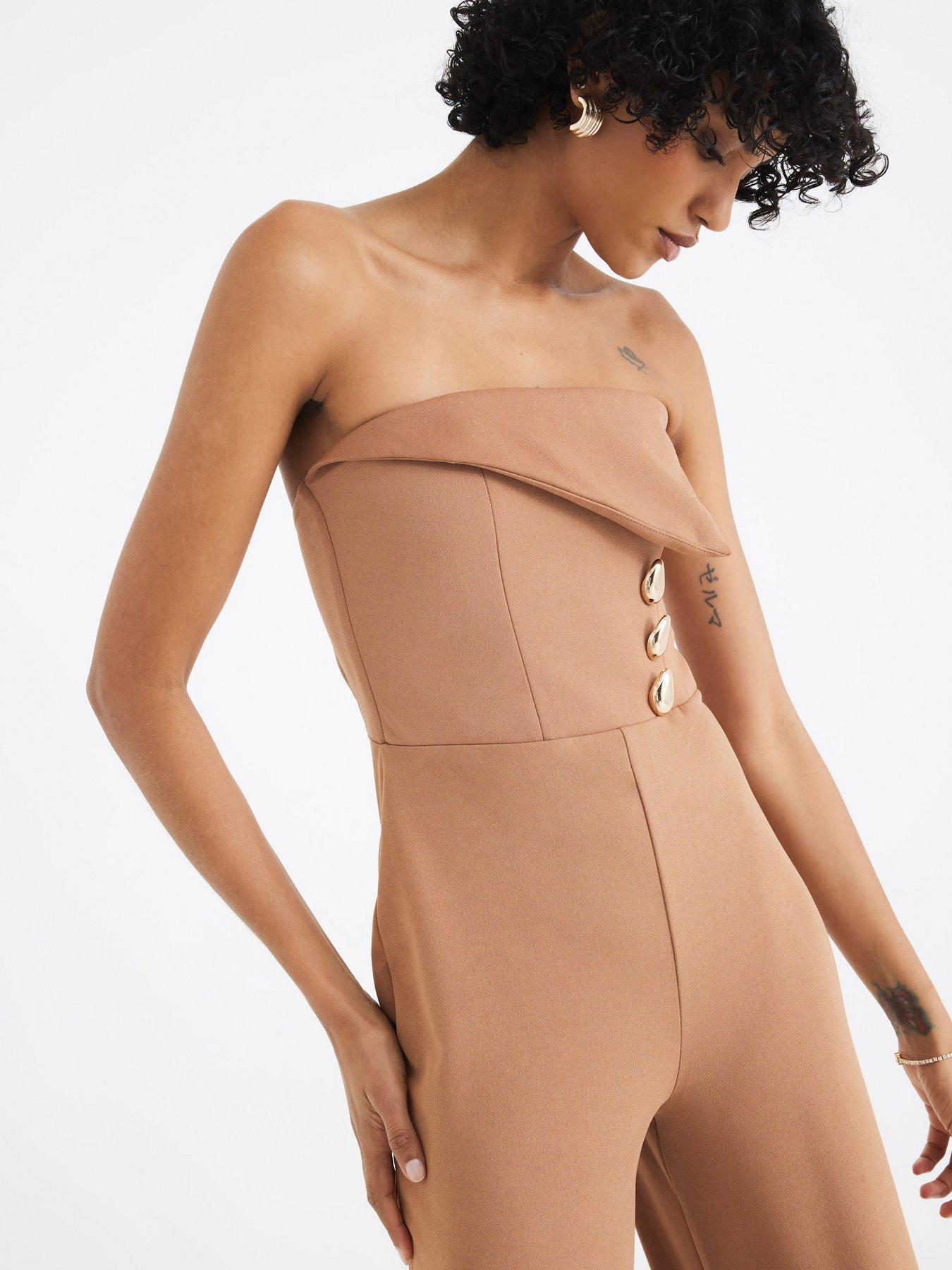 Image 4 of 4 of River Island Bandeau Trim Jumpsuit - Beige