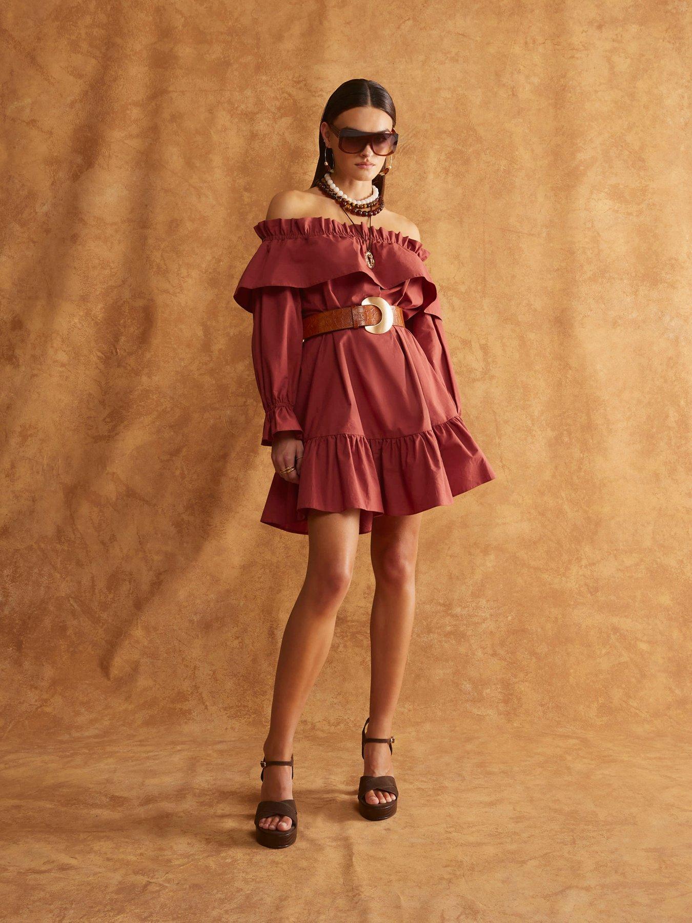undefined Frill Mini Bardot Dress - Brown
