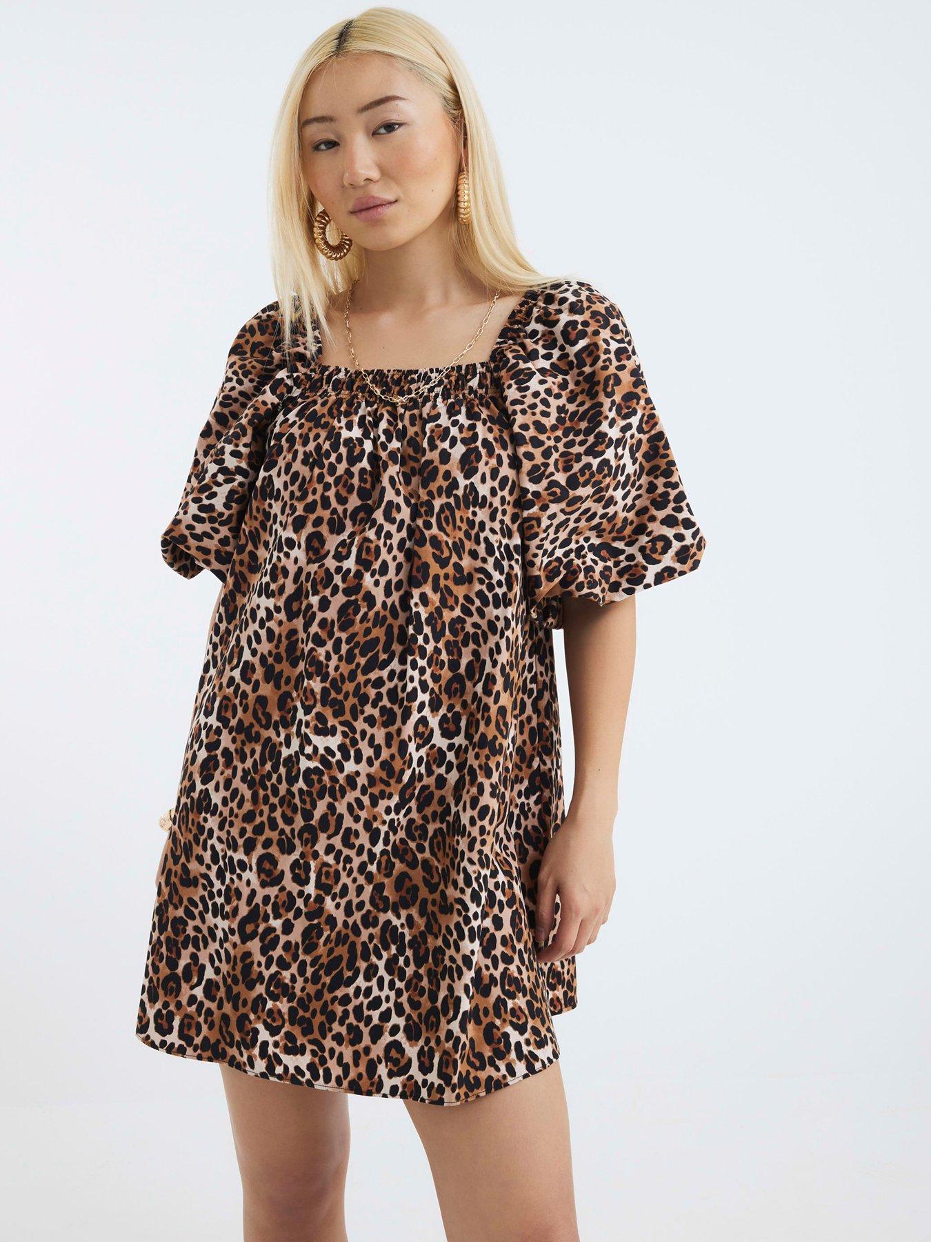 River Island: Print Puff Sleeve Detail Dress - Brown
