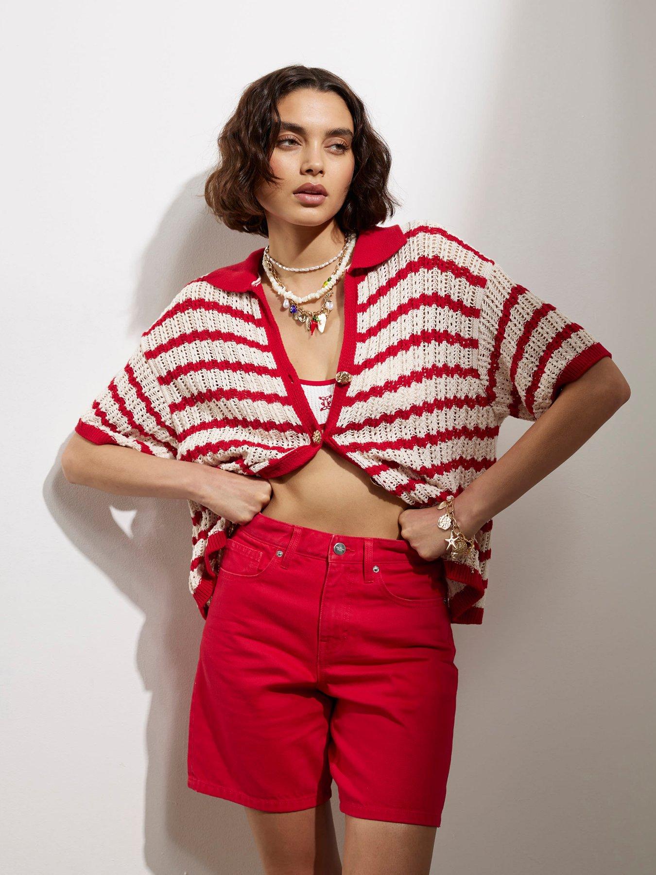 undefined Stripe Crochet Polo Top - Red