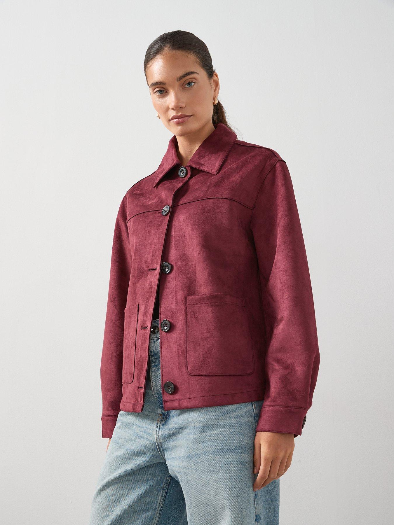 Image 1 of 6 of The Very Collection Faux Suede Button Front Jacket - Burgundy