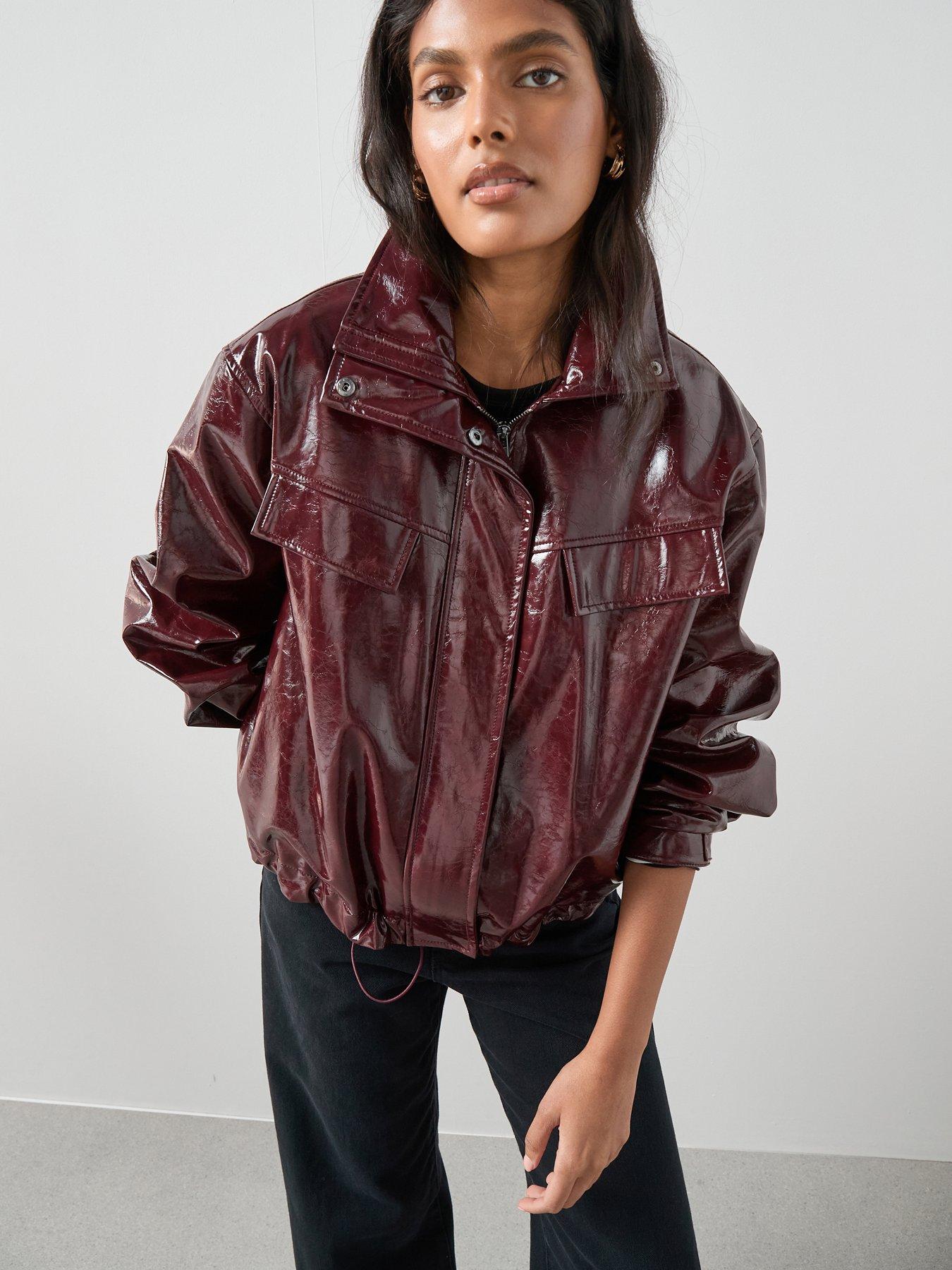 The Very Collection Faux Leather High Shine Bomber Jacket - Burgundy