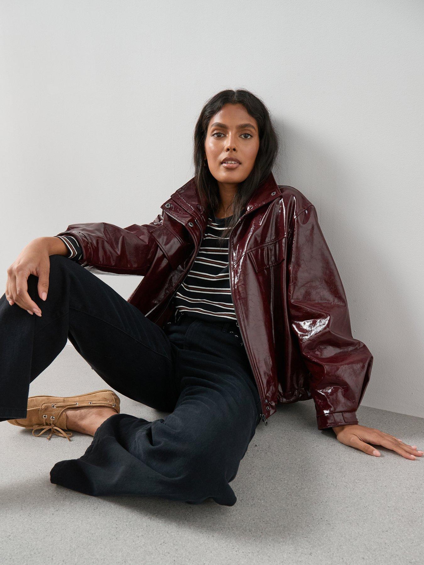 Image 6 of 7 of The Very Collection Faux Leather High Shine Bomber Jacket - Burgundy