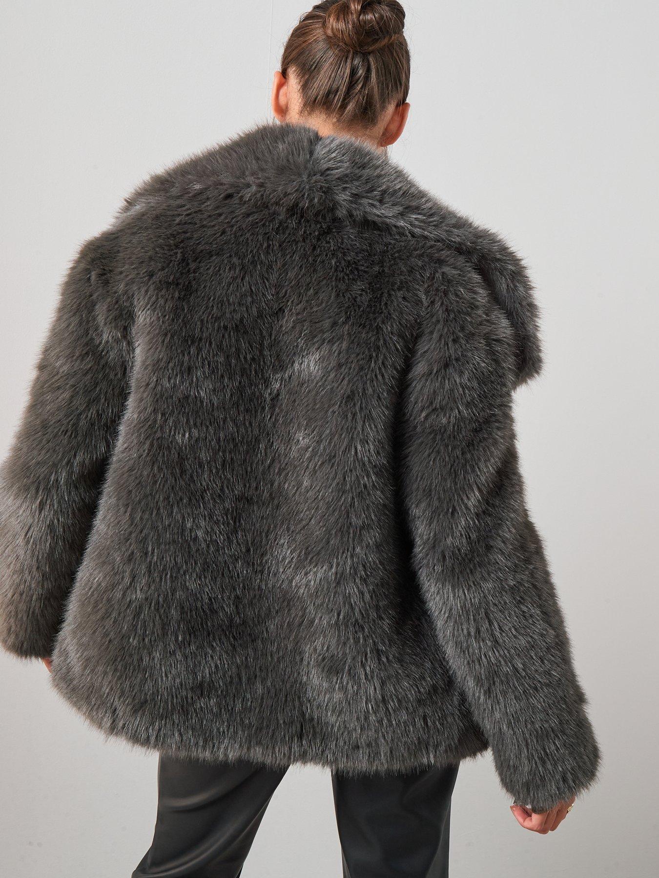 Image 3 of 6 of The Very Collection Shawl Collar Faux Fur Coat - Grey