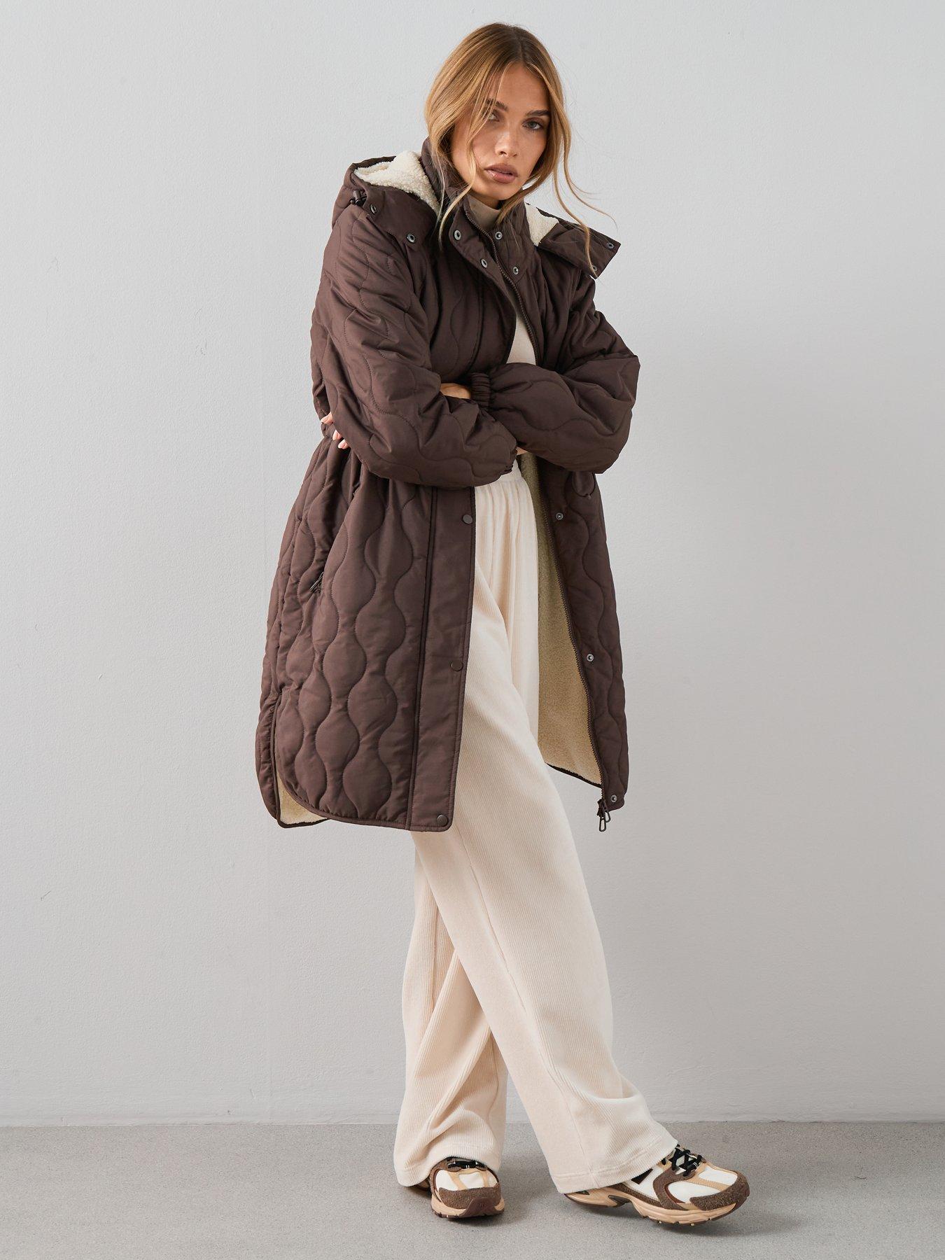Image 1 of 7 of The Very Collection Quilted Hooded Coat With Borg Lining - Brown