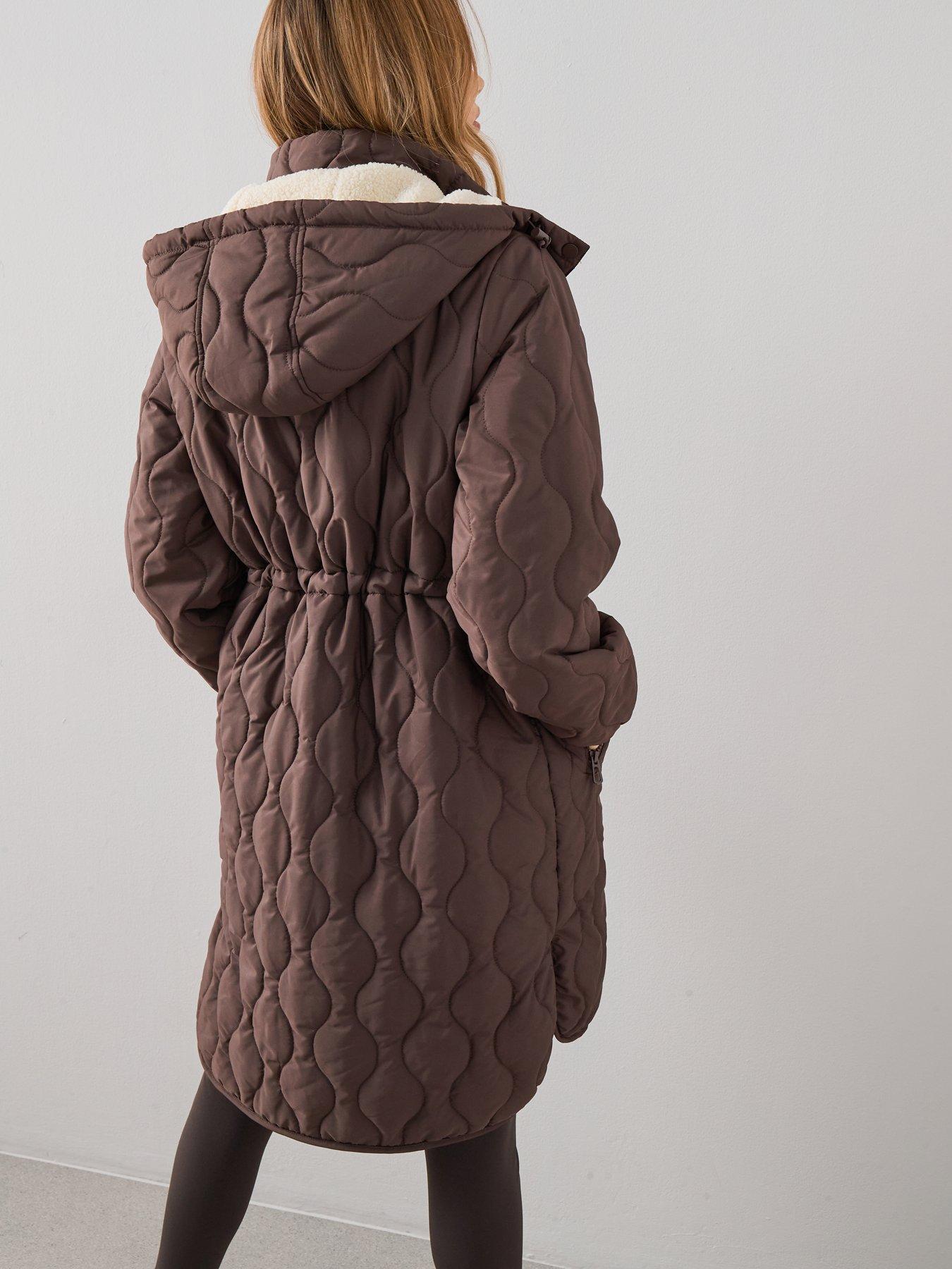 Image 2 of 7 of The Very Collection Quilted Hooded Coat With Borg Lining - Brown