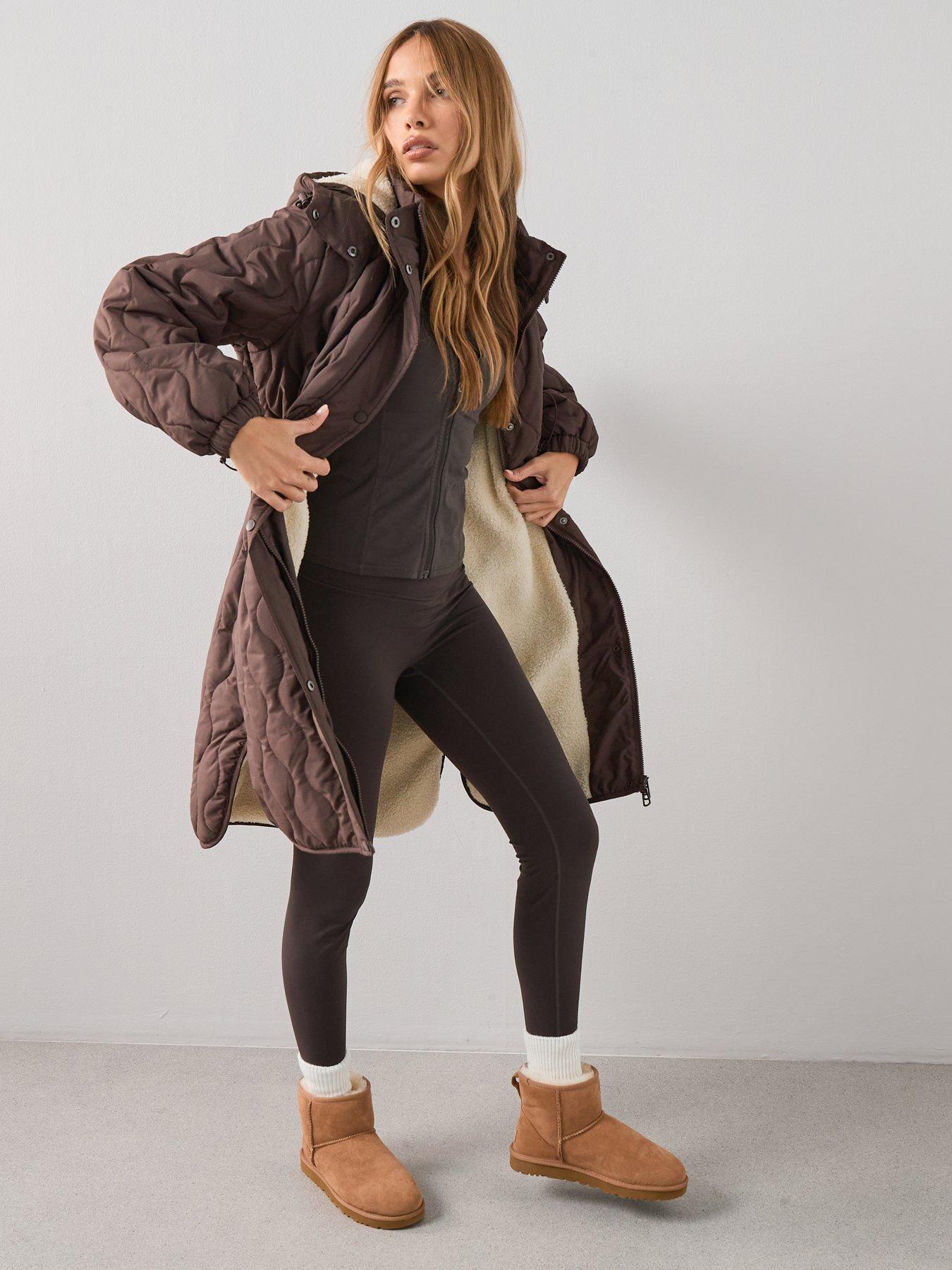 Image 3 of 7 of The Very Collection Quilted Hooded Coat With Borg Lining - Brown