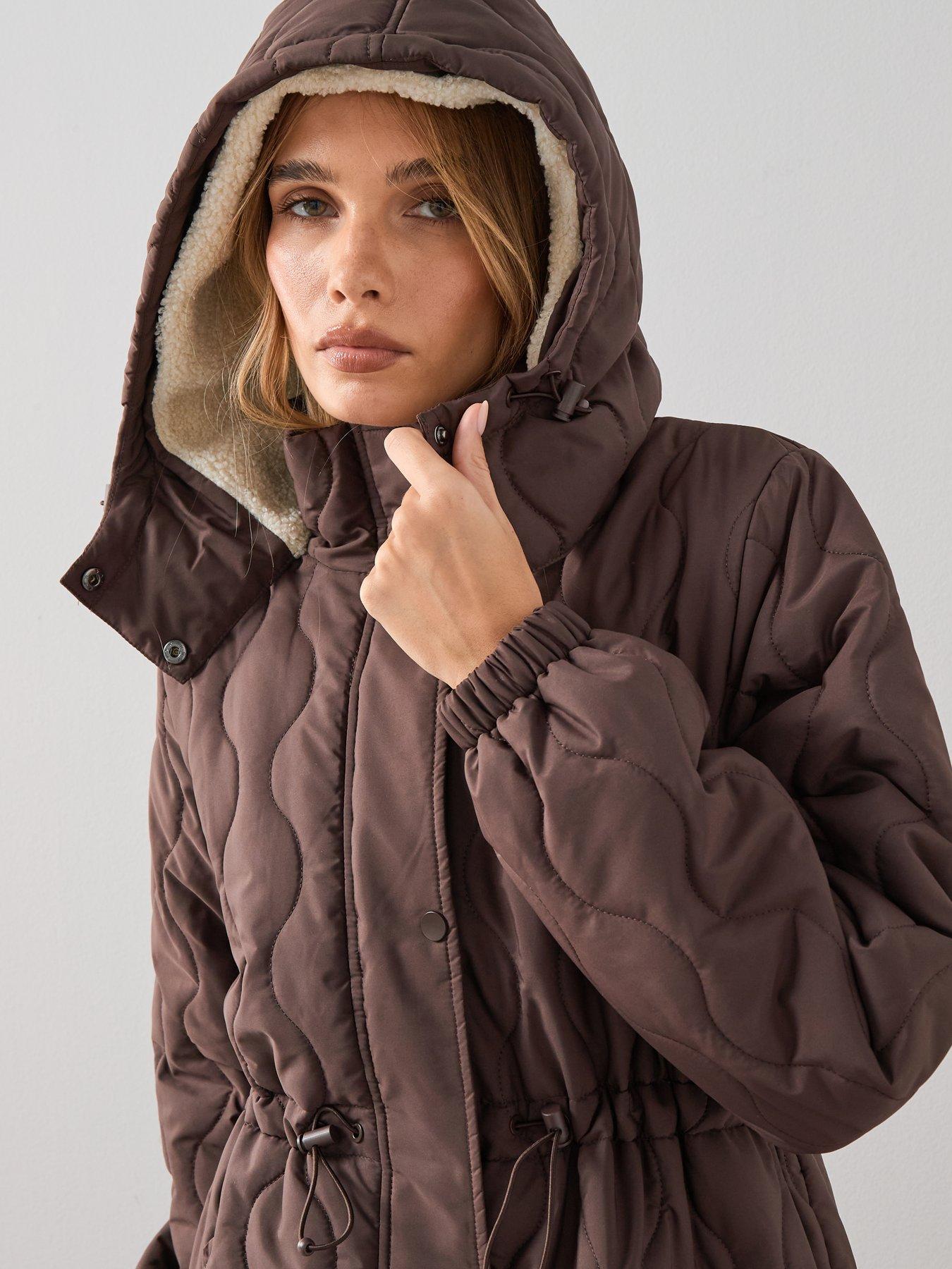 Image 4 of 7 of The Very Collection Quilted Hooded Coat With Borg Lining - Brown