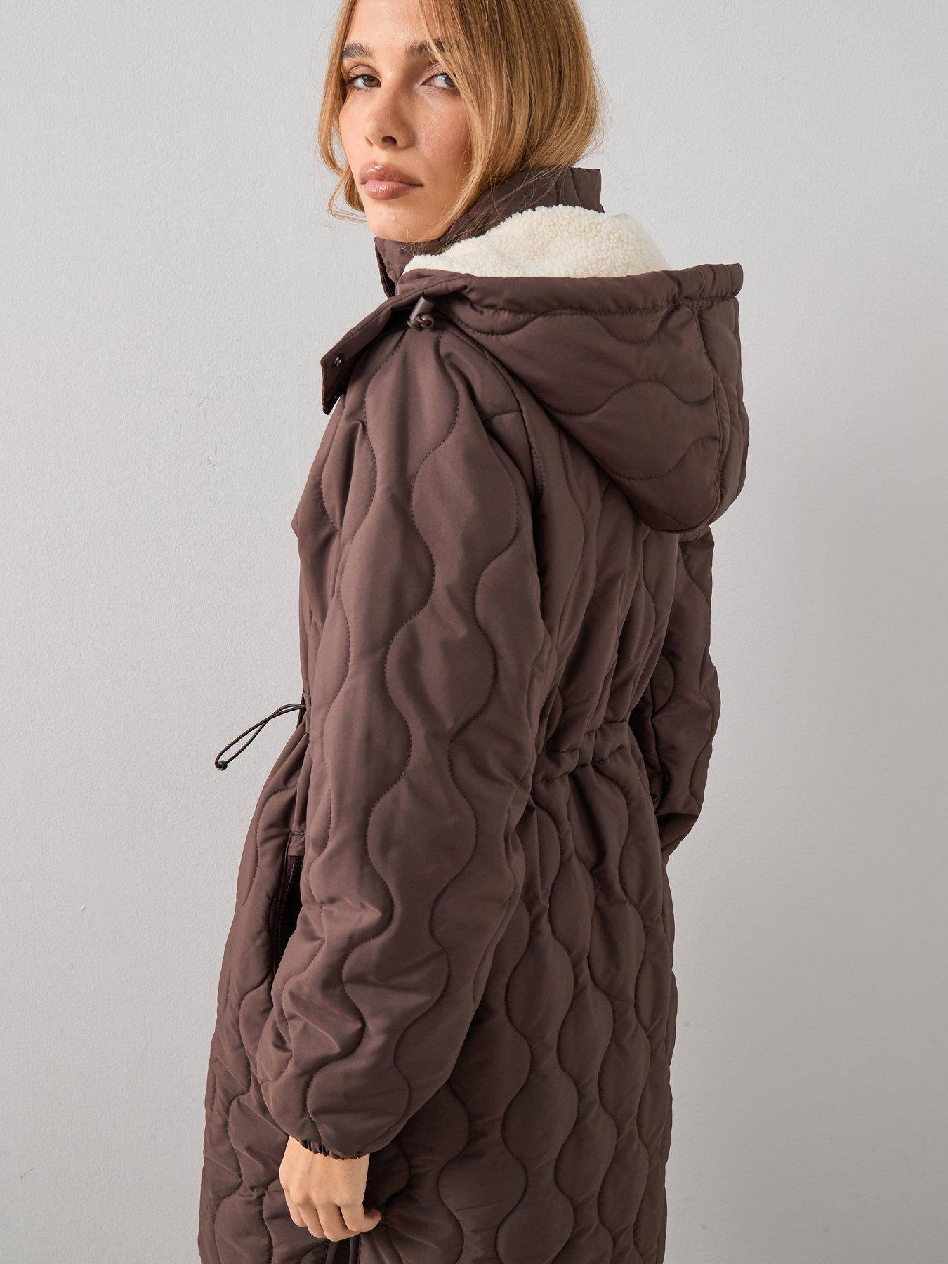 Image 6 of 7 of The Very Collection Quilted Hooded Coat With Borg Lining - Brown