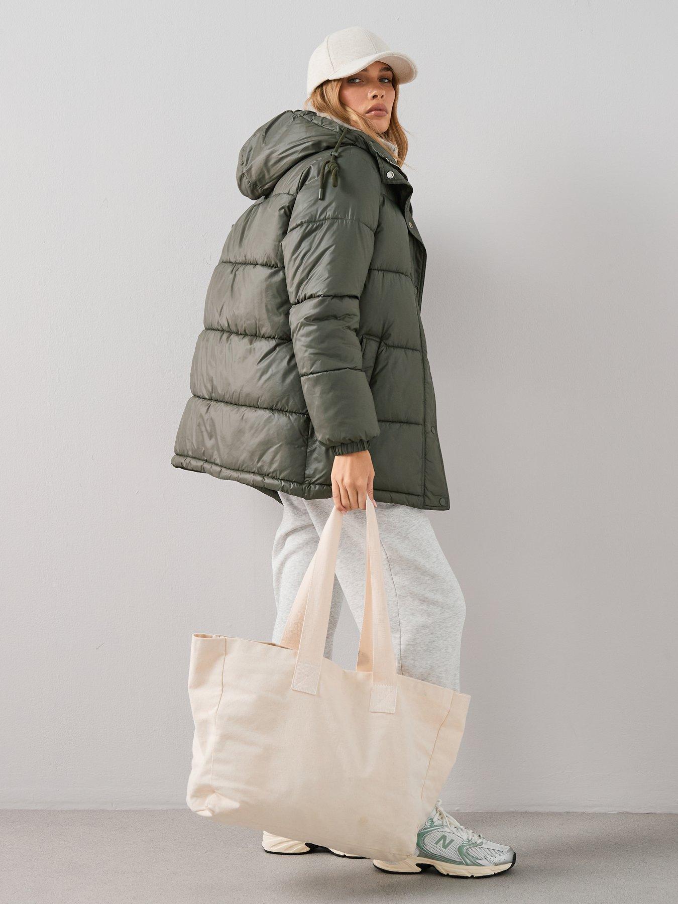 Image 3 of 7 of The Very Collection Glossy Padded Coat - Khaki