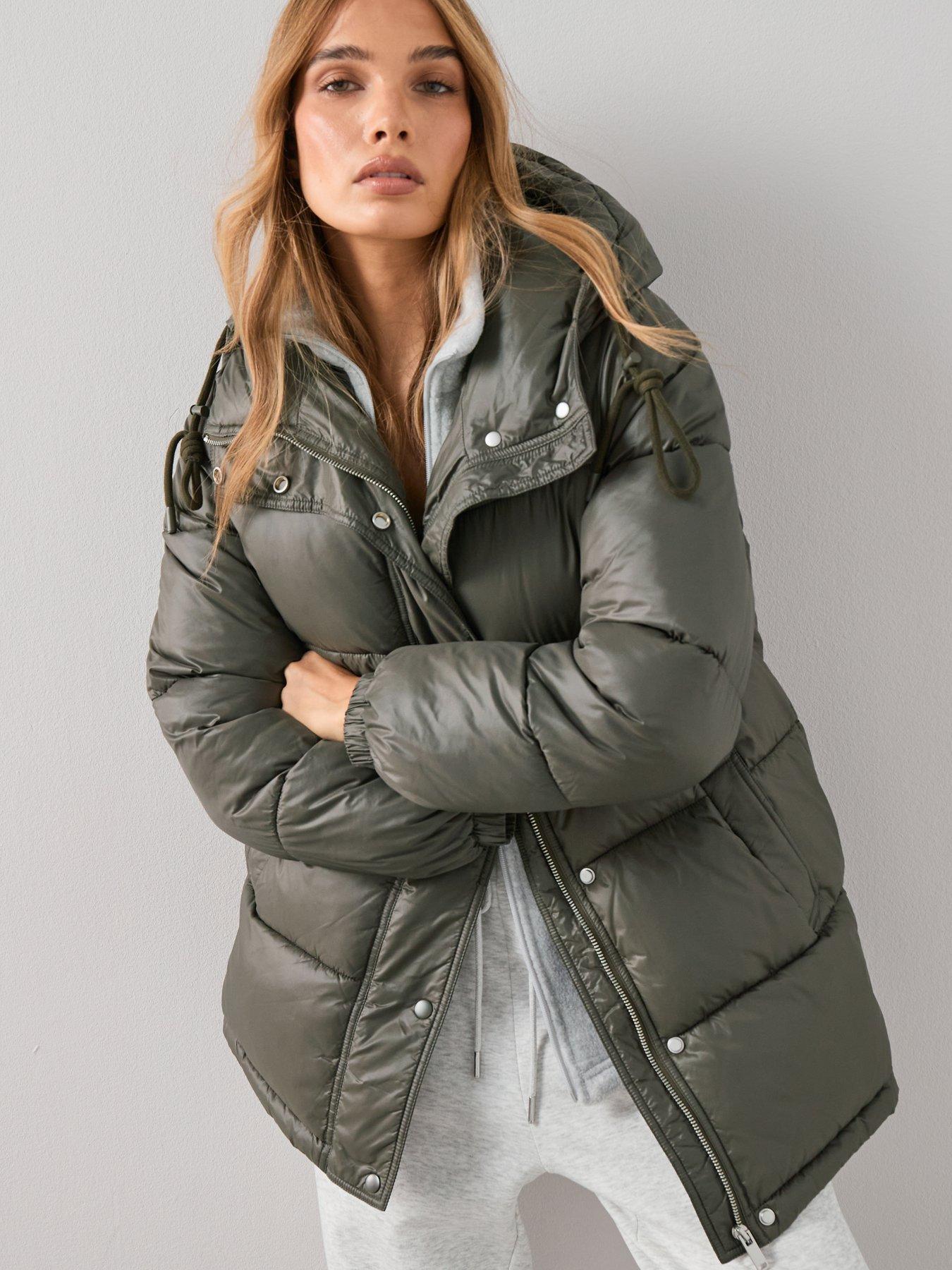 Image 4 of 7 of The Very Collection Glossy Padded Coat - Khaki
