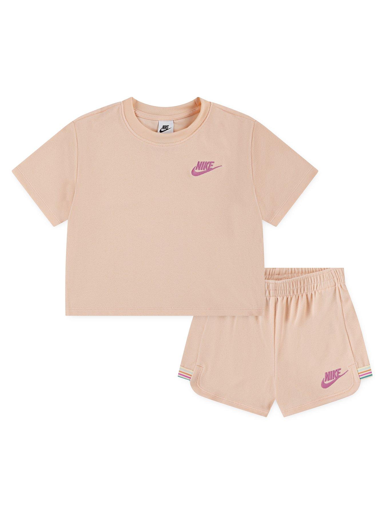 Nike Kids Girls Towel Shorts And T-Shirt Set Pink Very