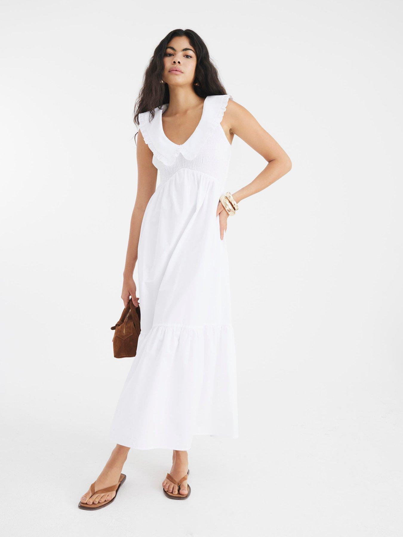 undefined Short Sleeve Collar Ruffle Shirred Dress - White