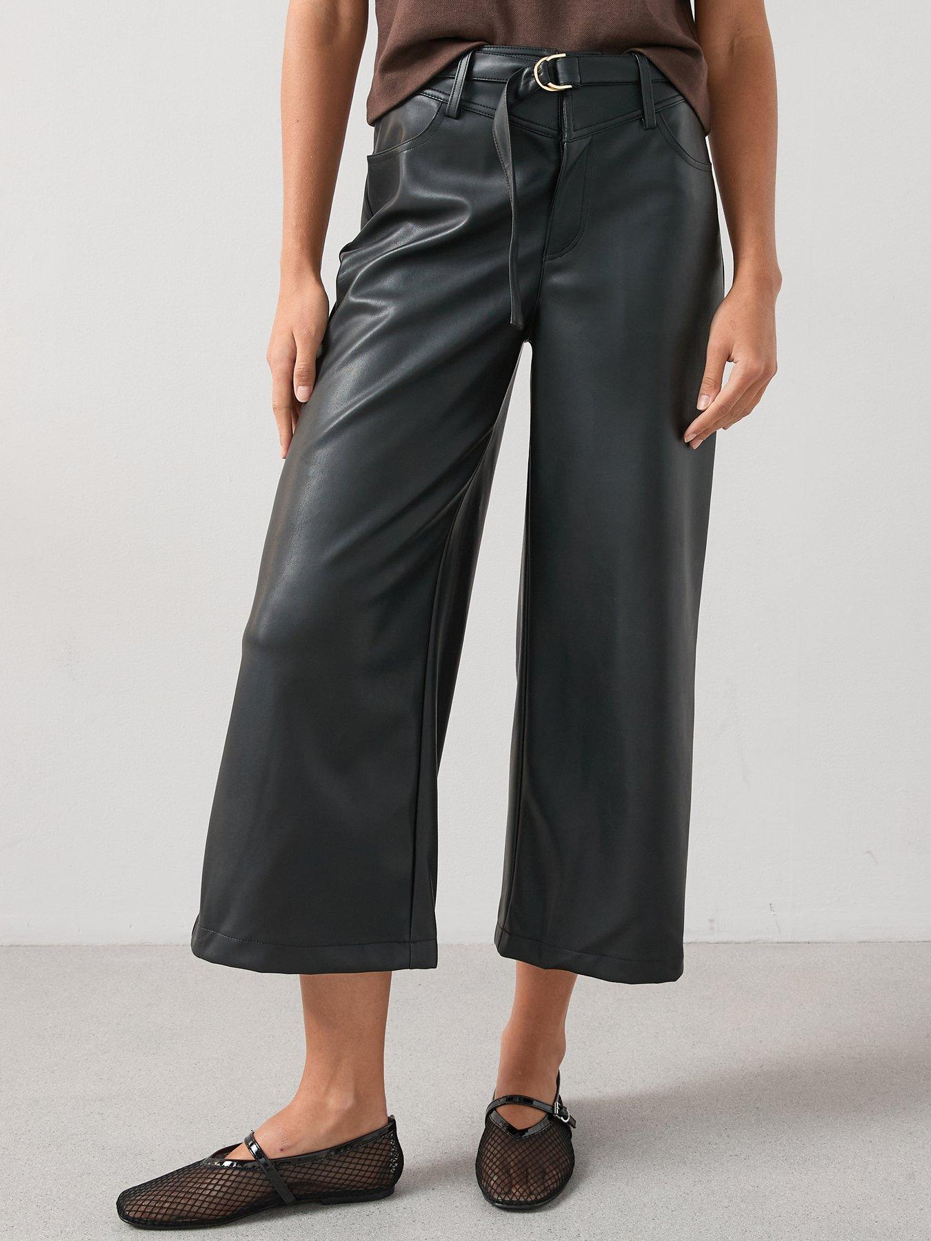 V by Very Faux Leather Wide Leg Crop Trousers - Black