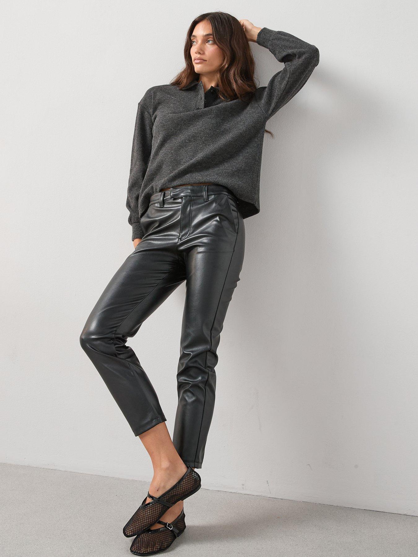 Image 3 of 6 of V by Very Short Faux Leather Slim Cigarette Trousers - Black