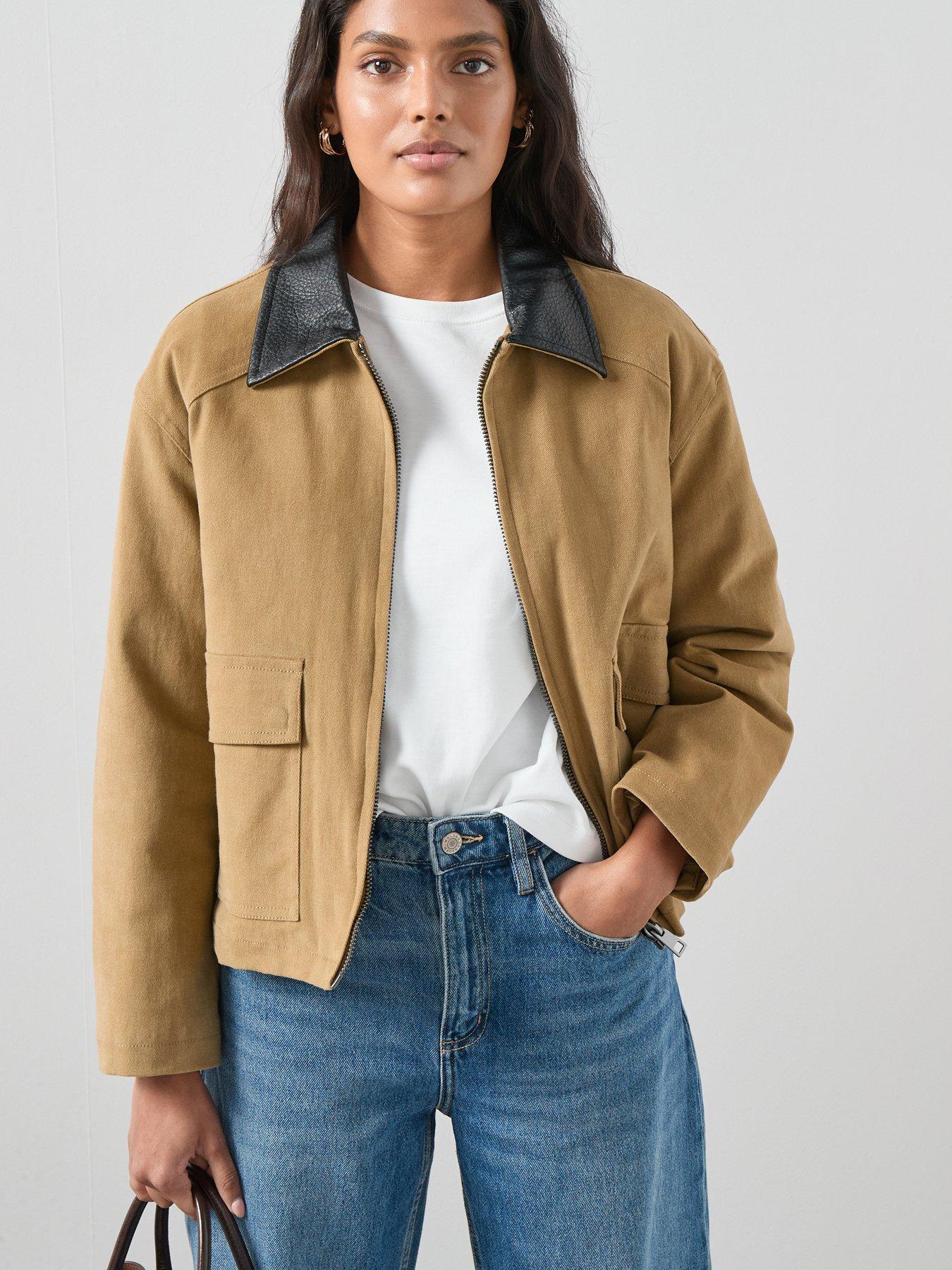The Very Collection Contrast Collar Patch Pocket Barn Jacket - Beige