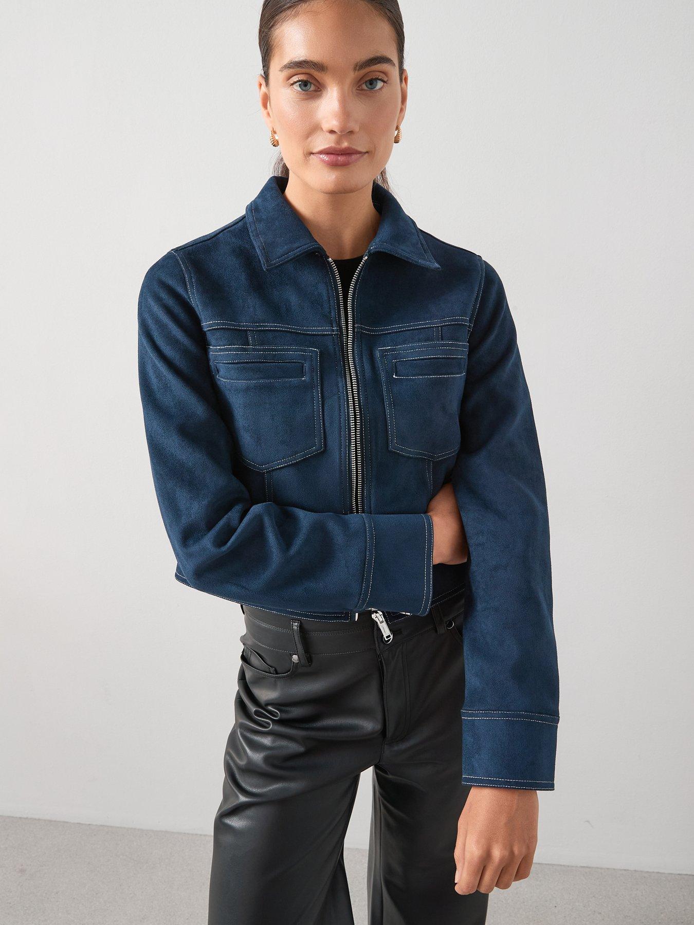 undefined Contrast Stitch Faux Suede Jacket - Navy