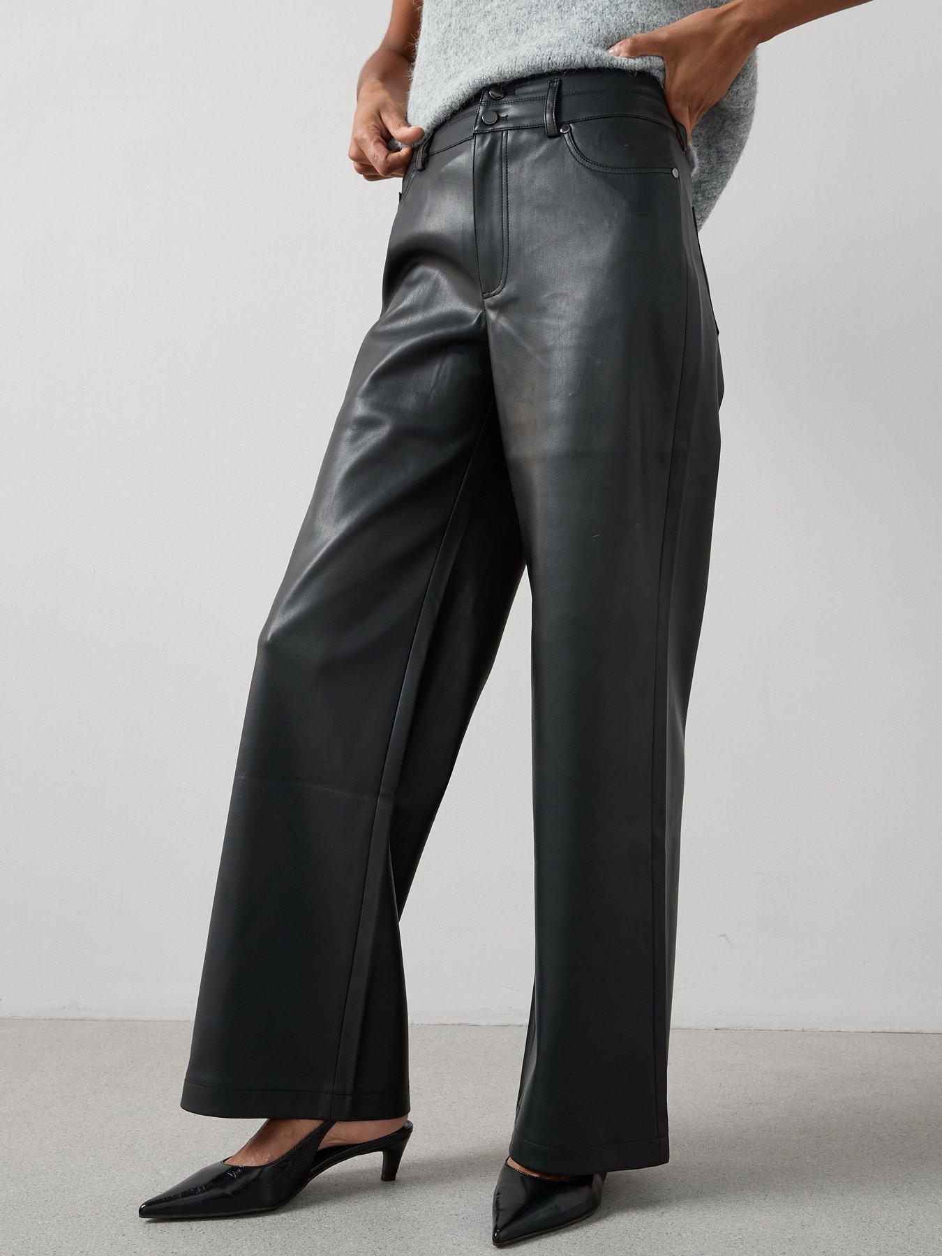 V by Very: Faux Leather Double Button Wide Leg Trousers - Black