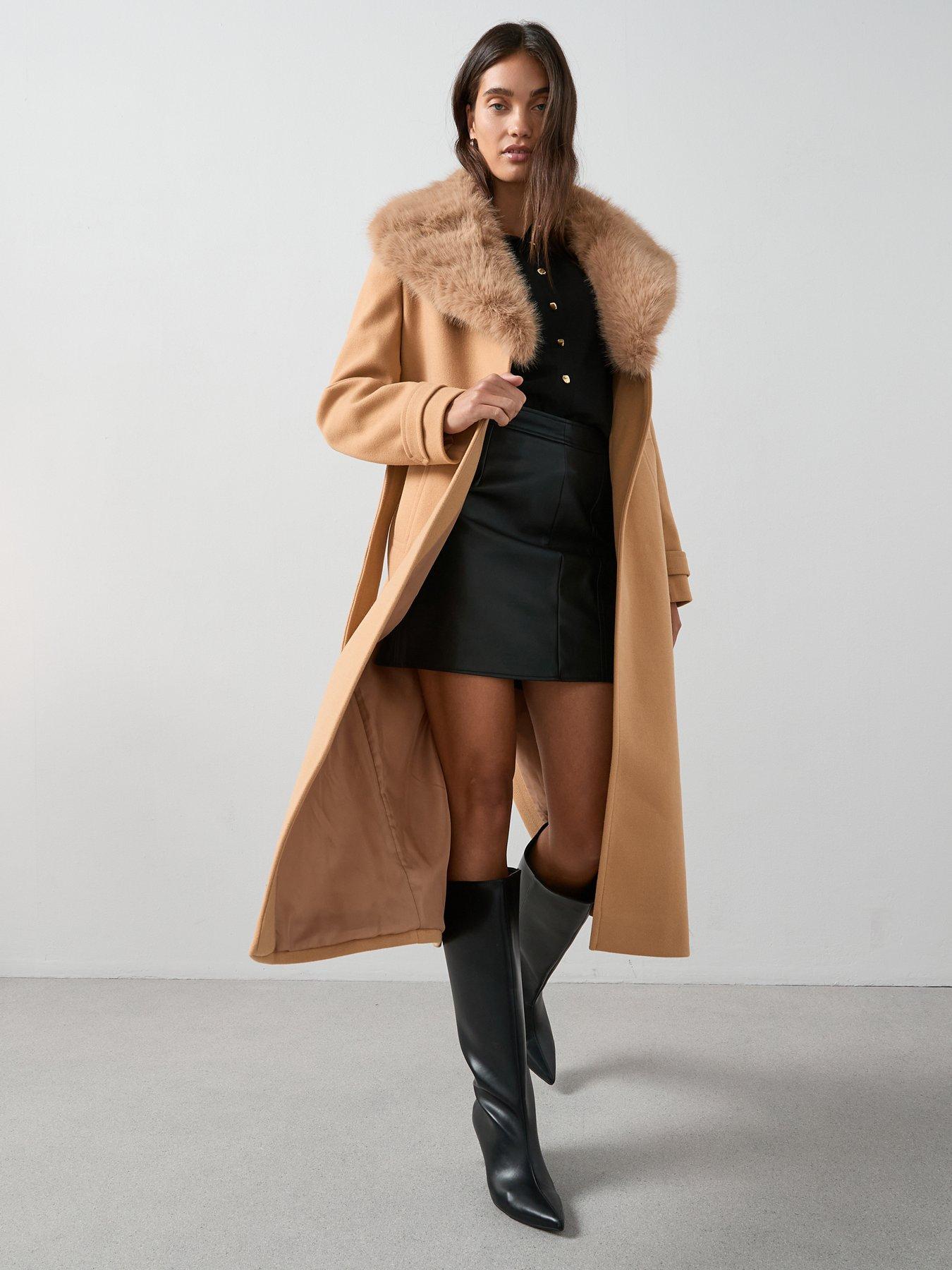The Very Collection Faux Fur Collared Belted Coat - Light Brown
