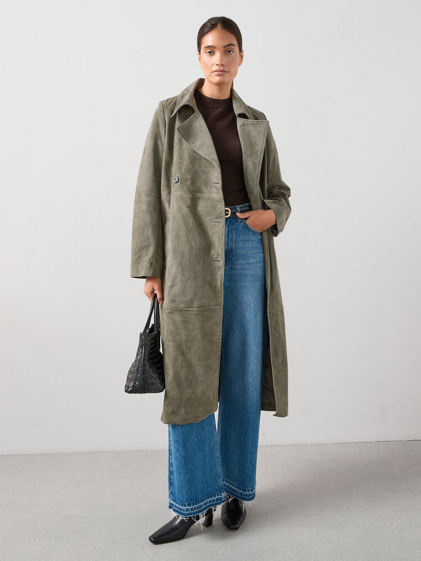 Image 1 of 7 of The Very Collection Suede Trench Coat - Khaki