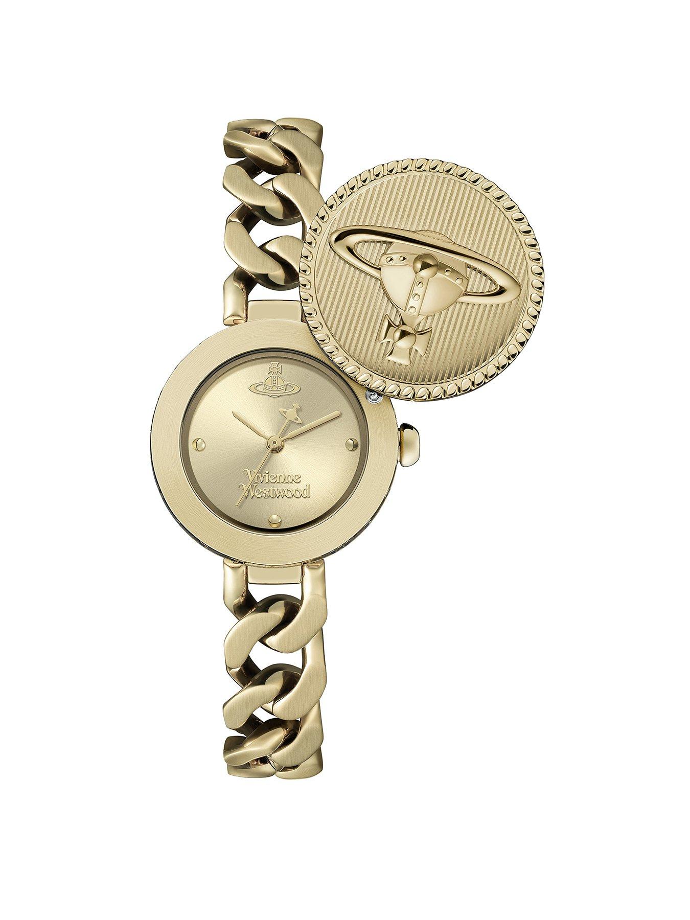 undefined Orb Button Ladies Quartz Watch Gold Dial, Stainless Steel Gold Case and Link Chain Bracelet