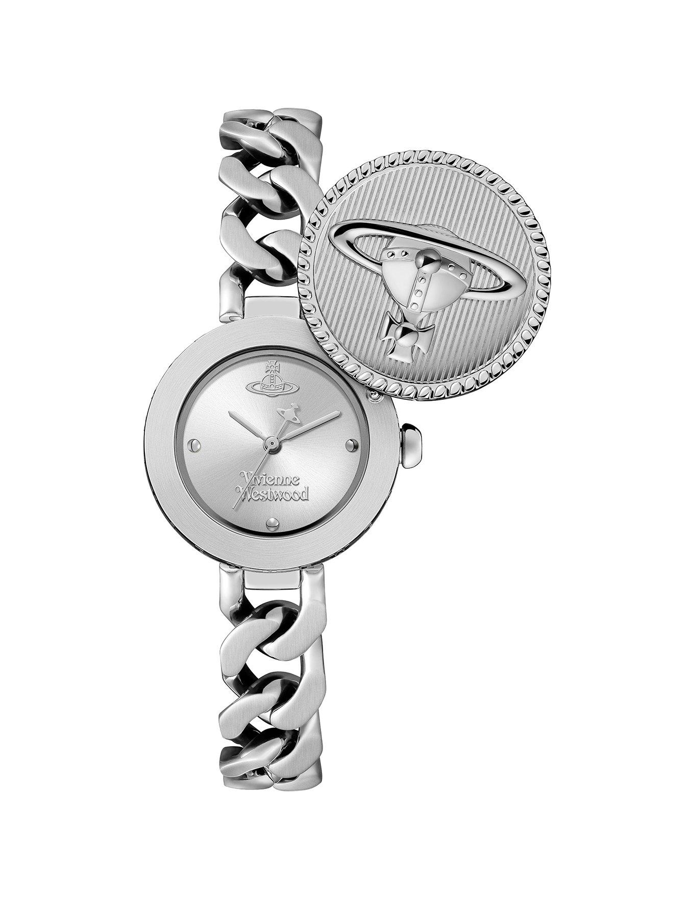 undefined Orb Button Ladies Quartz Watch Silver Dial, Stainless Steel Case and Link Chain Bracelet