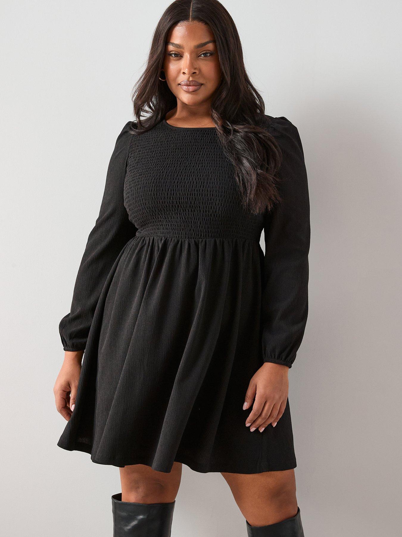 V by Very Curve Stretch Crinkle Mini Dress - Black