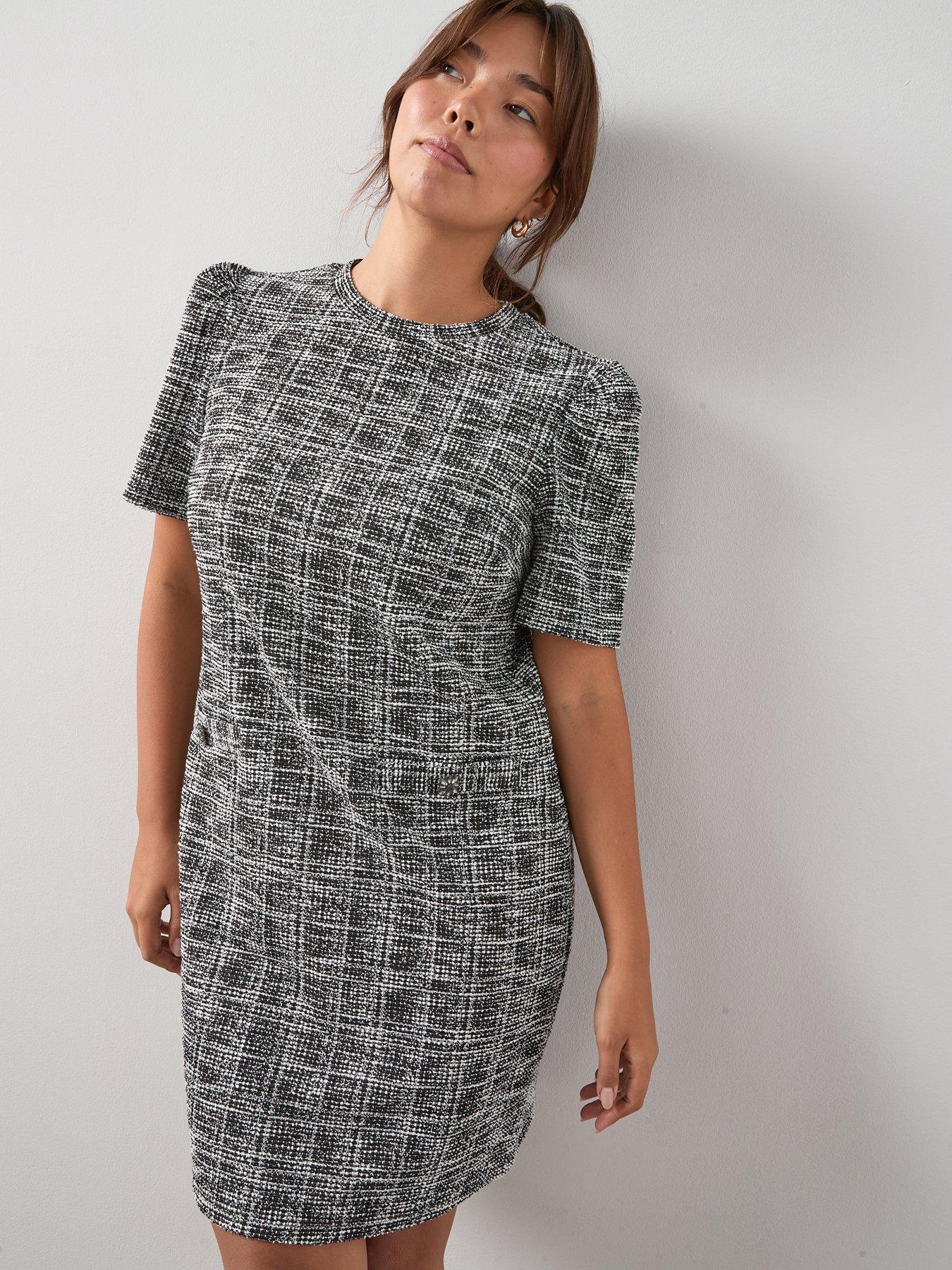 V by Very Curve Short Sleeve Boucle Shift Mini Dress - Black