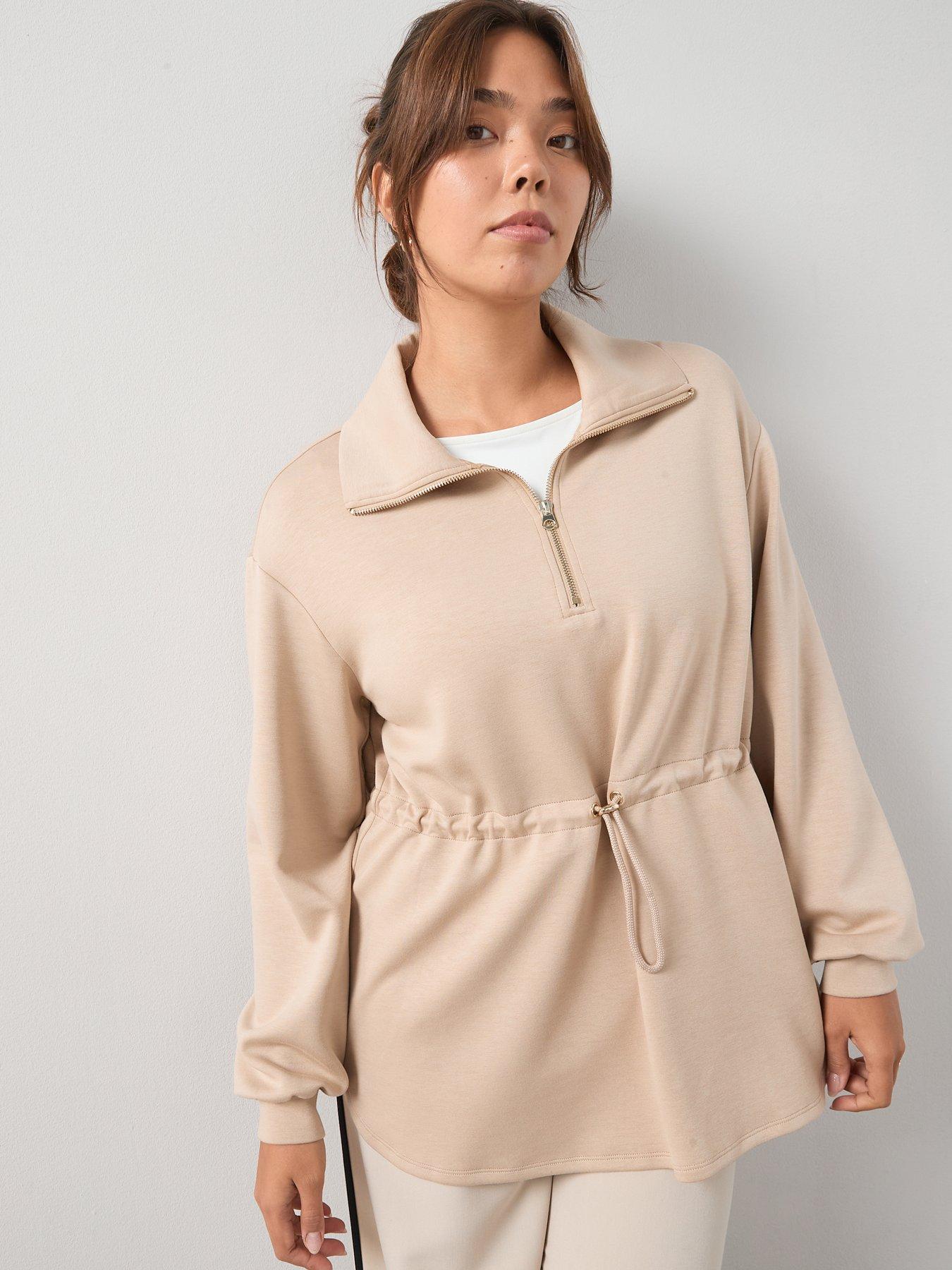 Image 1 of 6 of V by Very Curve Cinched Waist Half Zip Sweatshirt - Beige