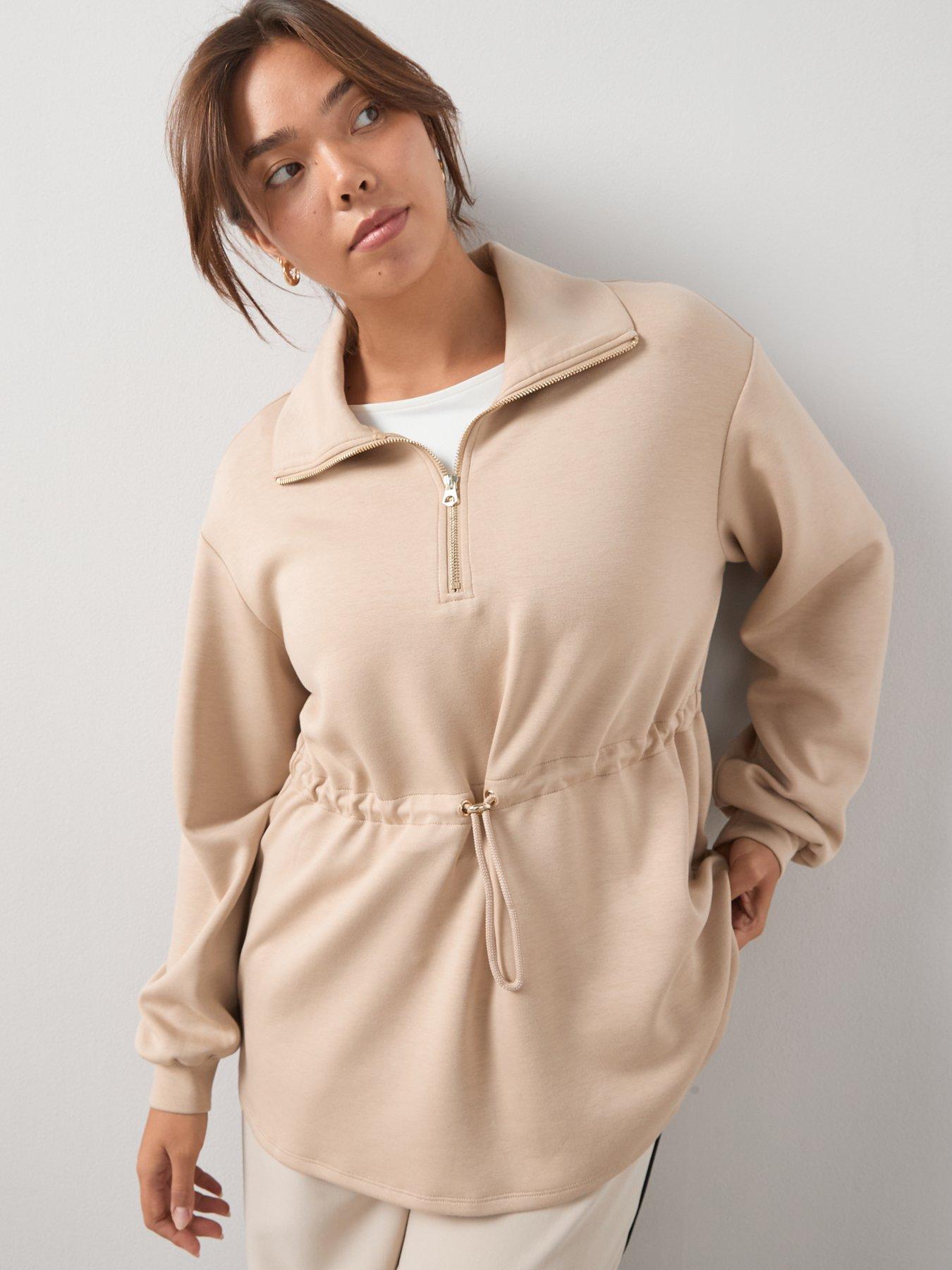 Image 4 of 6 of V by Very Curve Cinched Waist Half Zip Sweatshirt - Beige