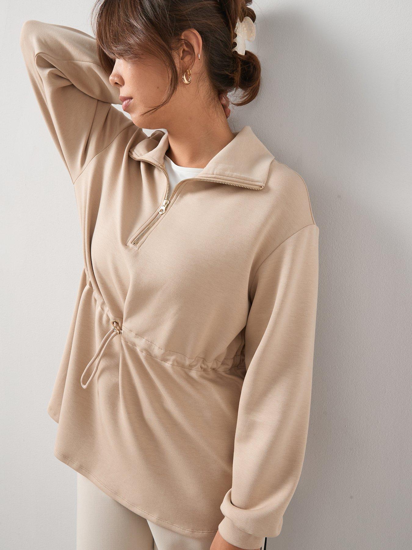 Image 6 of 6 of V by Very Curve Cinched Waist Half Zip Sweatshirt - Beige