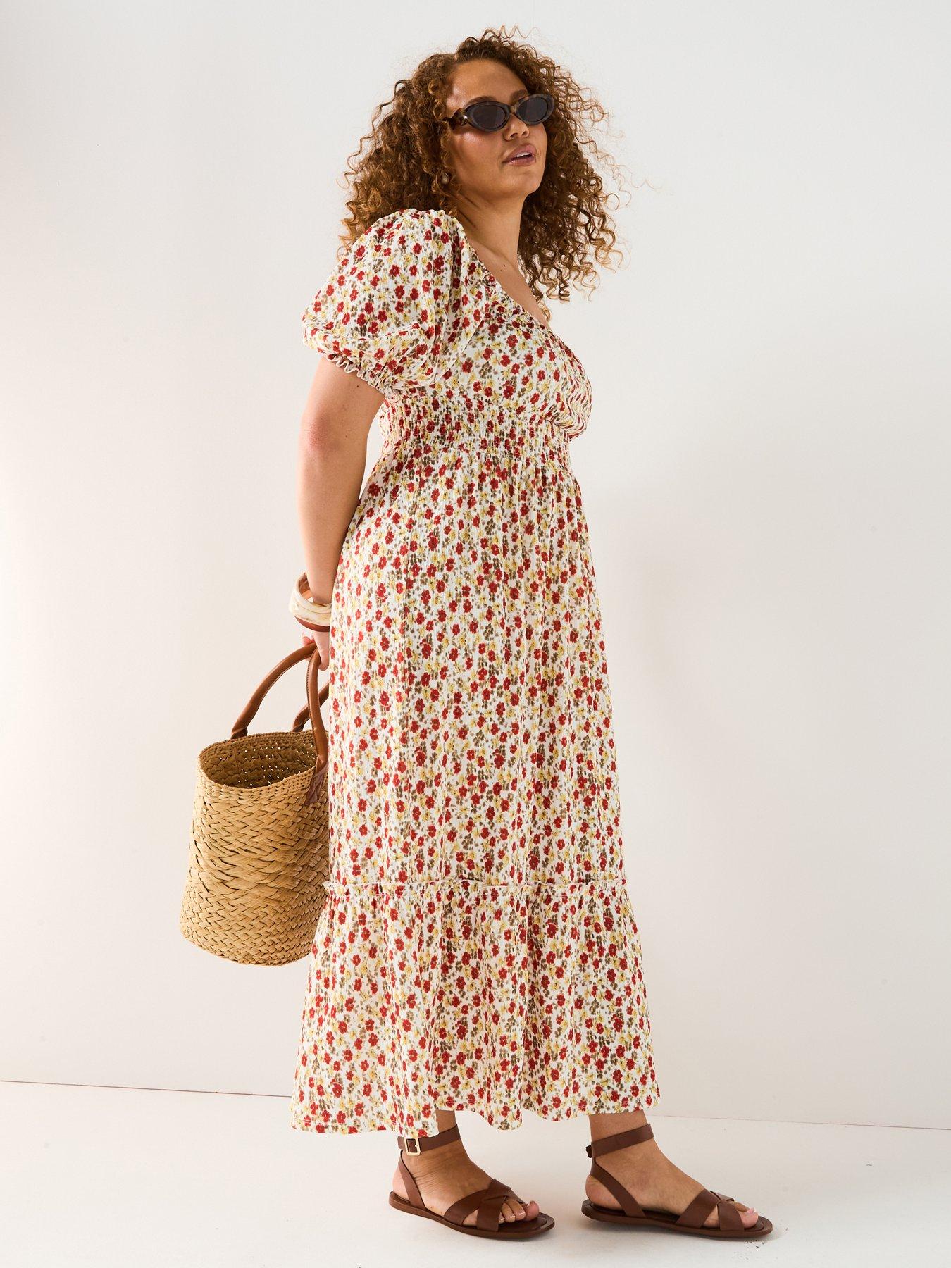 undefined Shirred Waist Ditsy Midi Dress