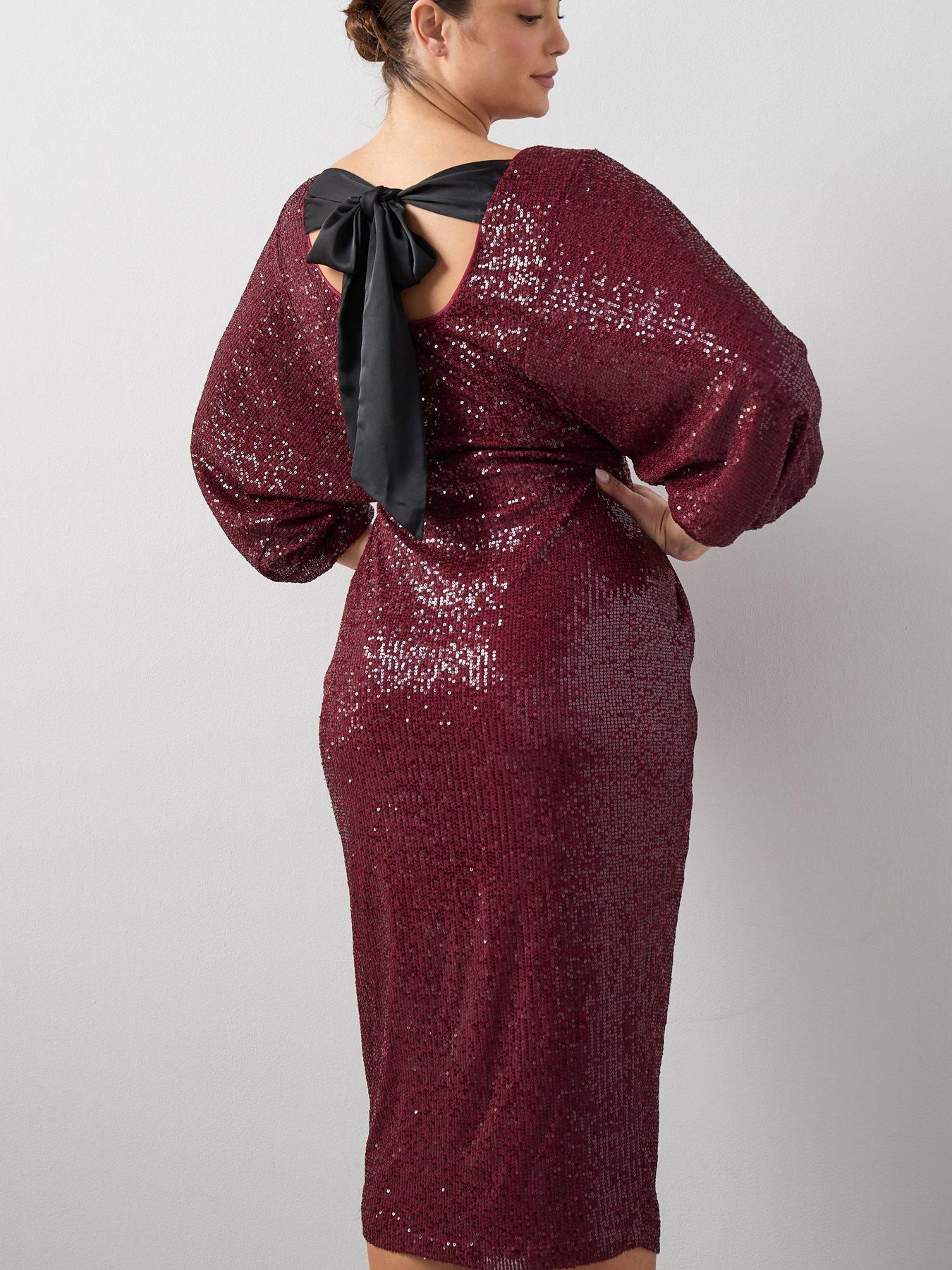 Image 1 of 7 of The Very Collection Curve Bow Back Sequin Midi Dress - Red