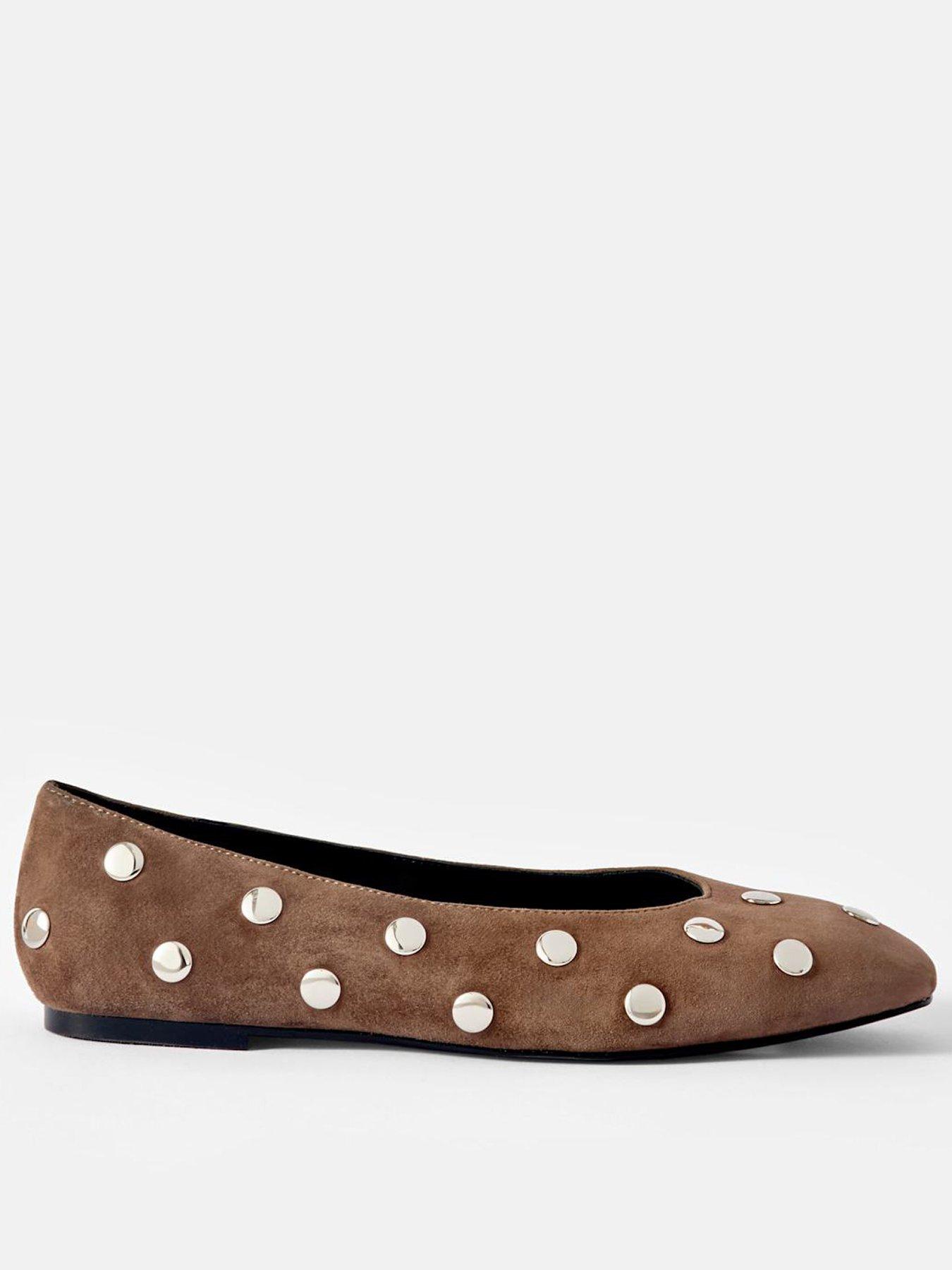 undefined Coco Suede Studded Leather Flat Shoes - Brown