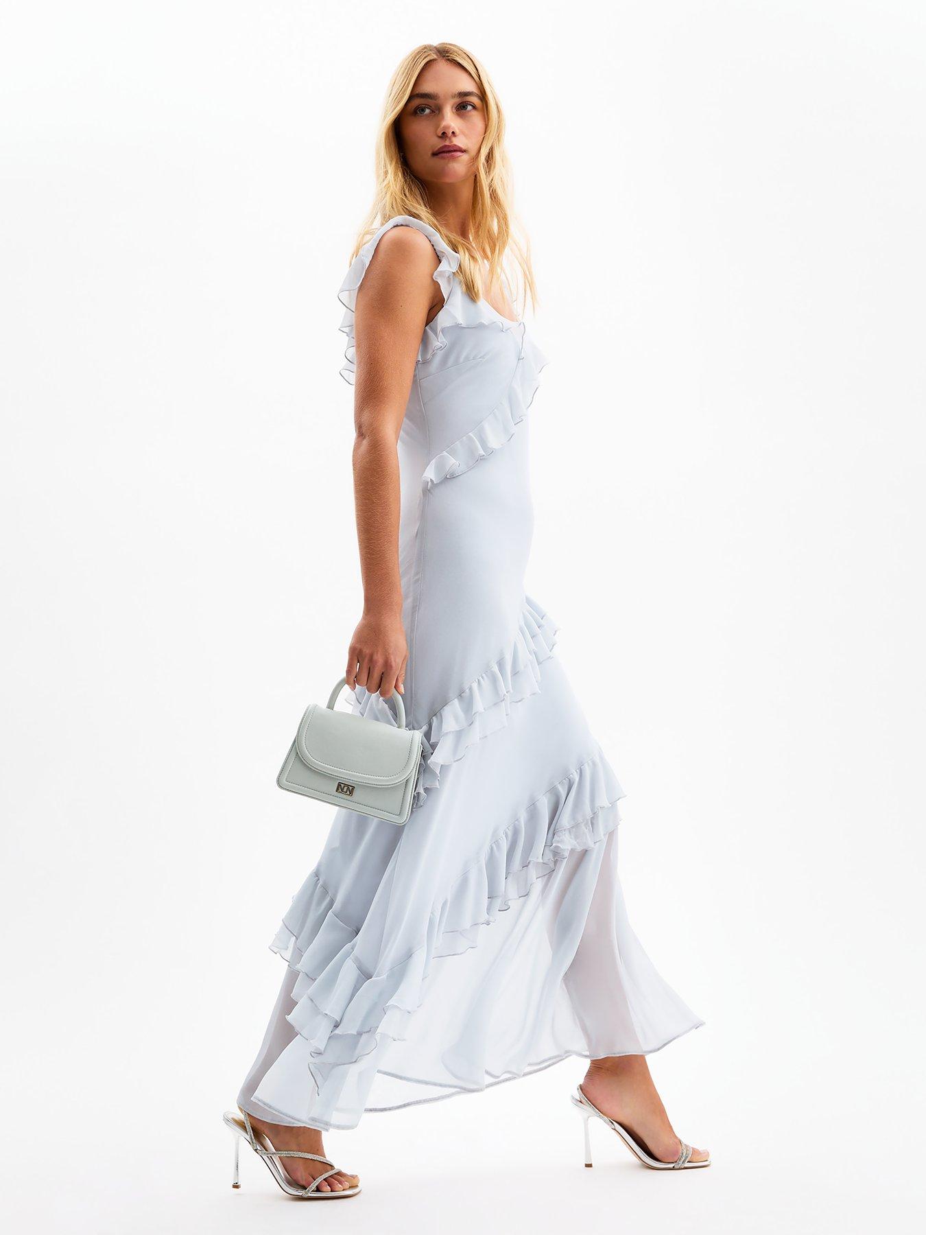 undefined Asymmetric Ruffle Trim Chiffon Midi Dress - Light Blue