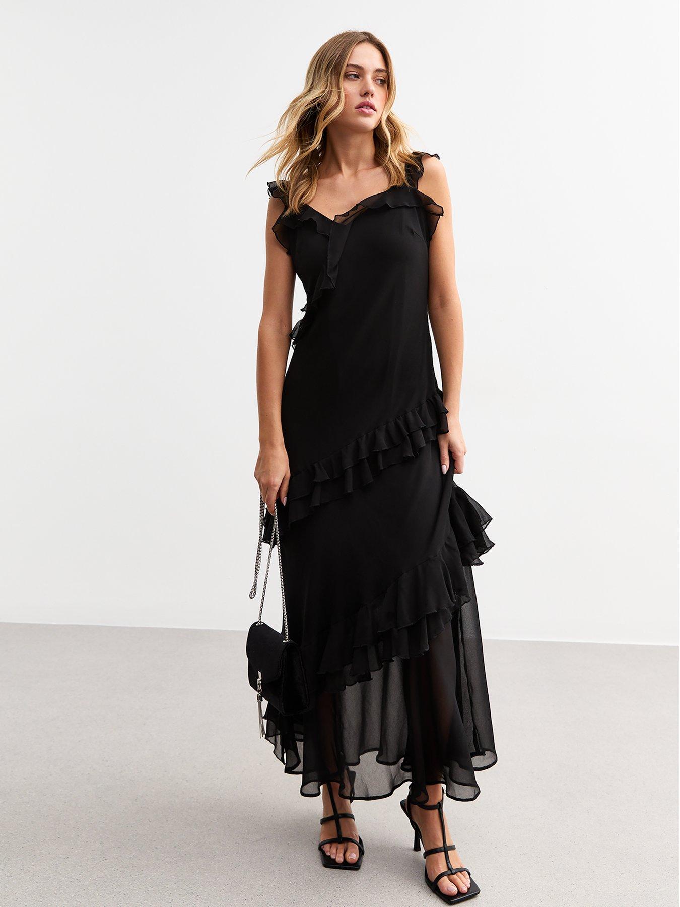 undefined Asymmetric Ruffle Trim Midi Dress - Black