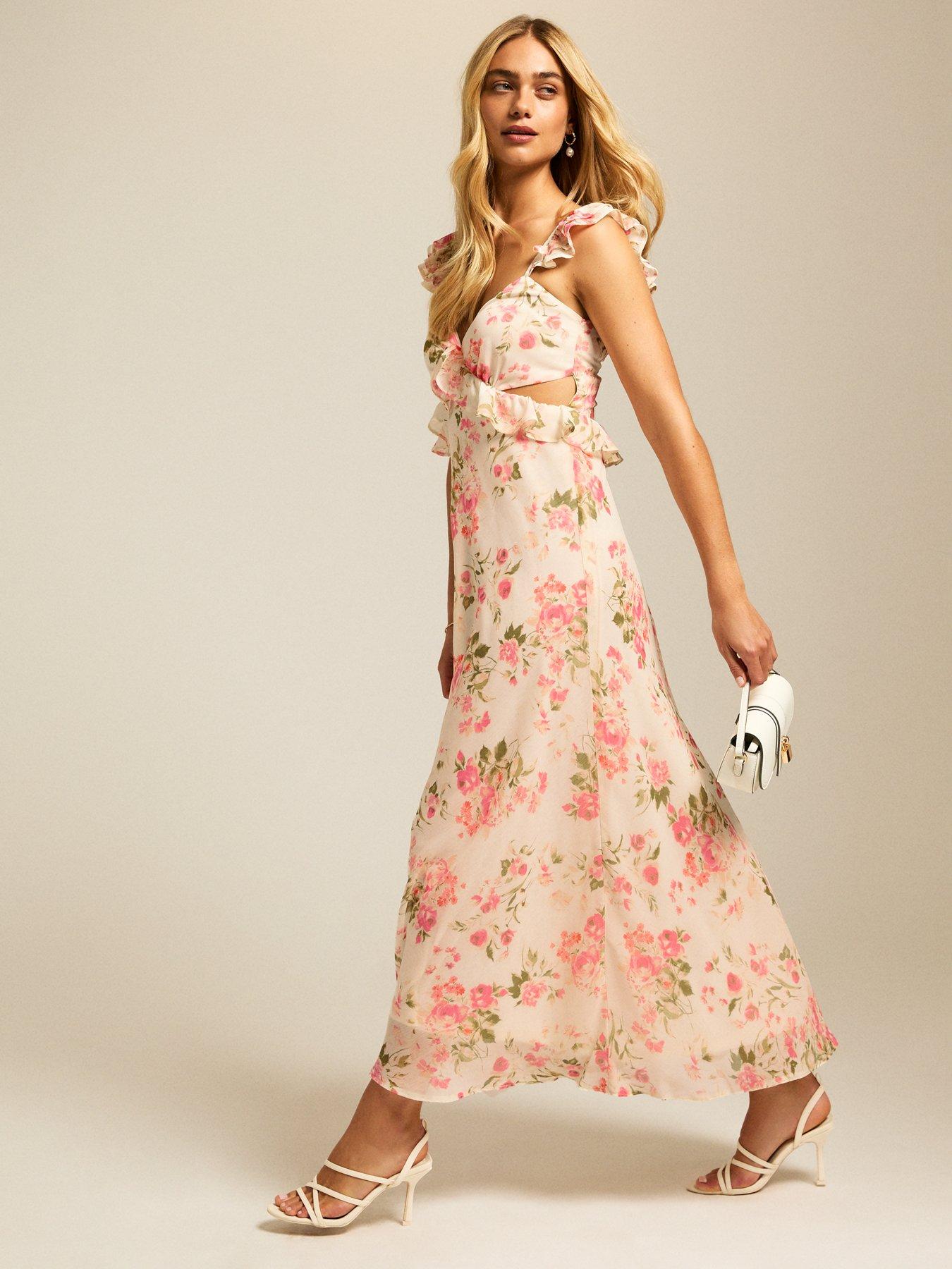 undefined Chiffon Rose Print Ruffle Cut Out Midi Dress - Cream