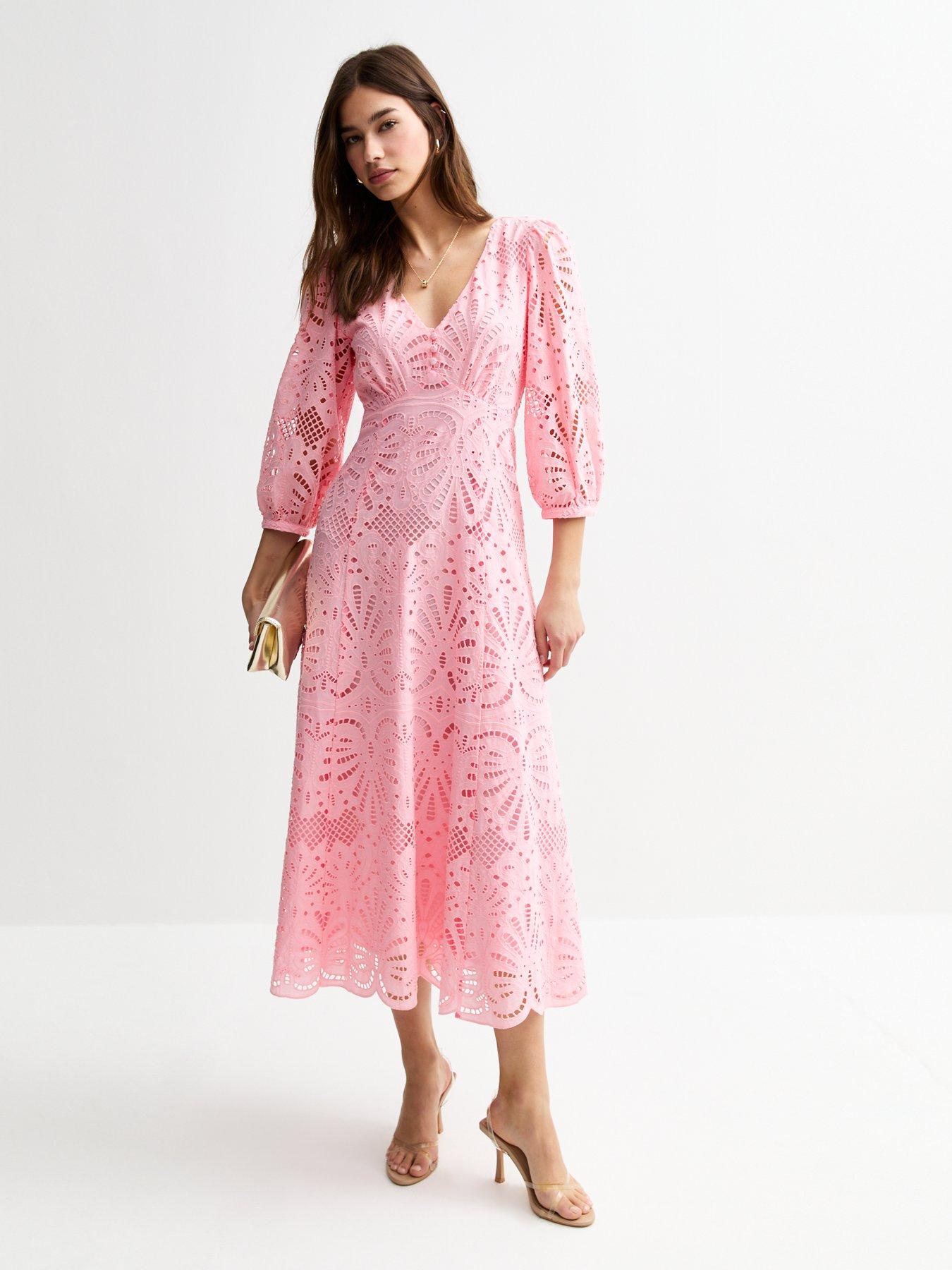 Image 1 of 4 of New Look Broderie Anglaise Midi Dress - Pink