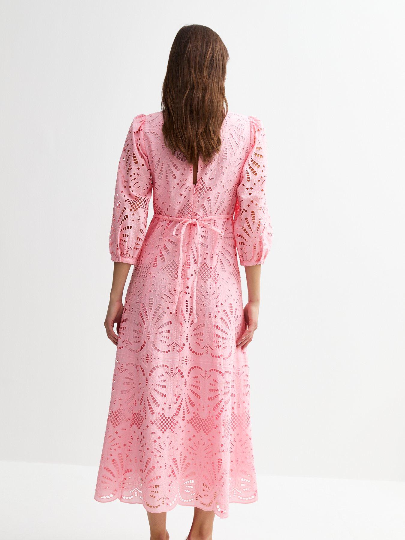 Image 2 of 4 of New Look Broderie Anglaise Midi Dress - Pink