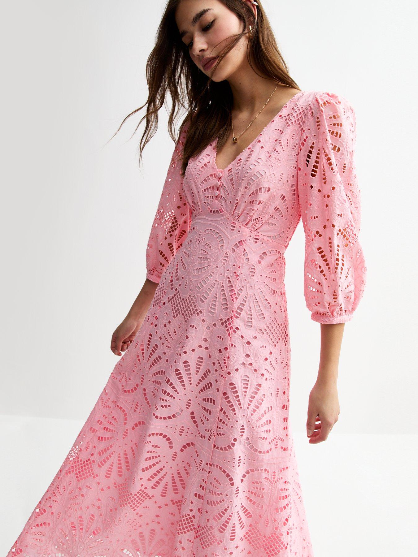 Image 3 of 4 of New Look Broderie Anglaise Midi Dress - Pink
