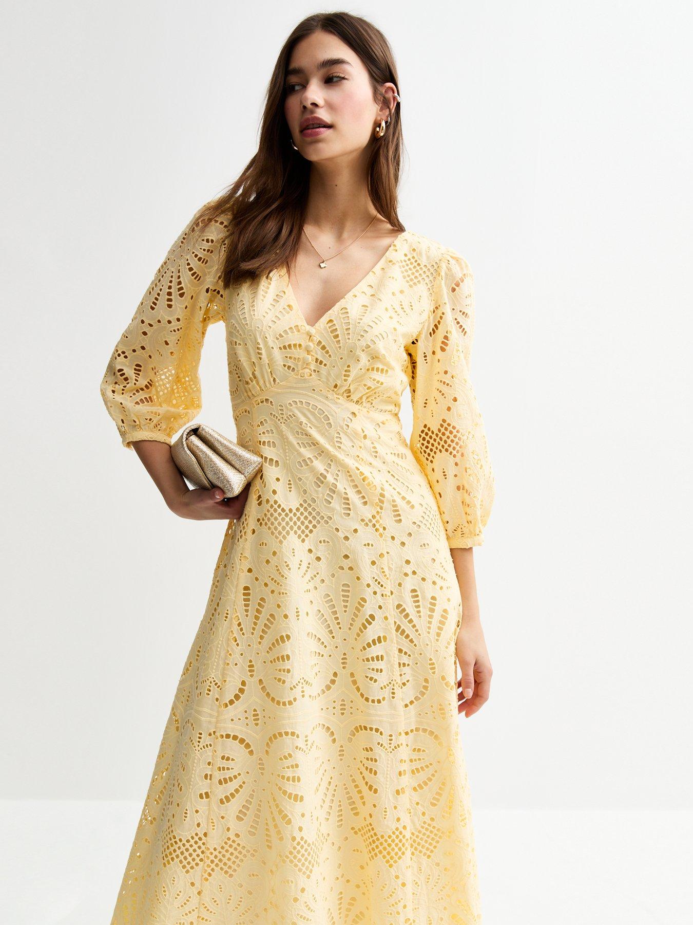 Image 3 of 4 of New Look Broderie Anglaise Midi Dress - Yellow