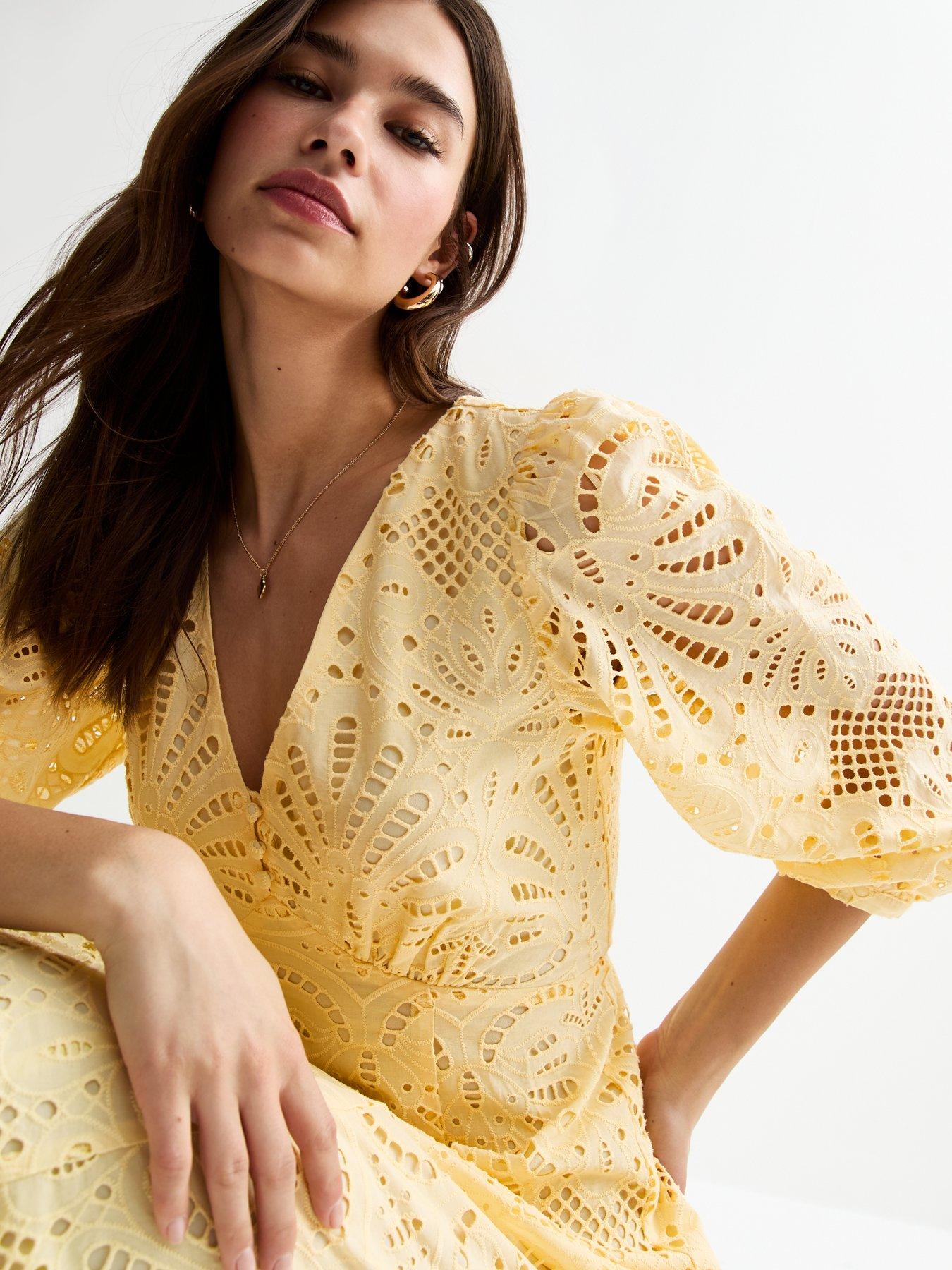 Image 4 of 4 of New Look Broderie Anglaise Midi Dress - Yellow