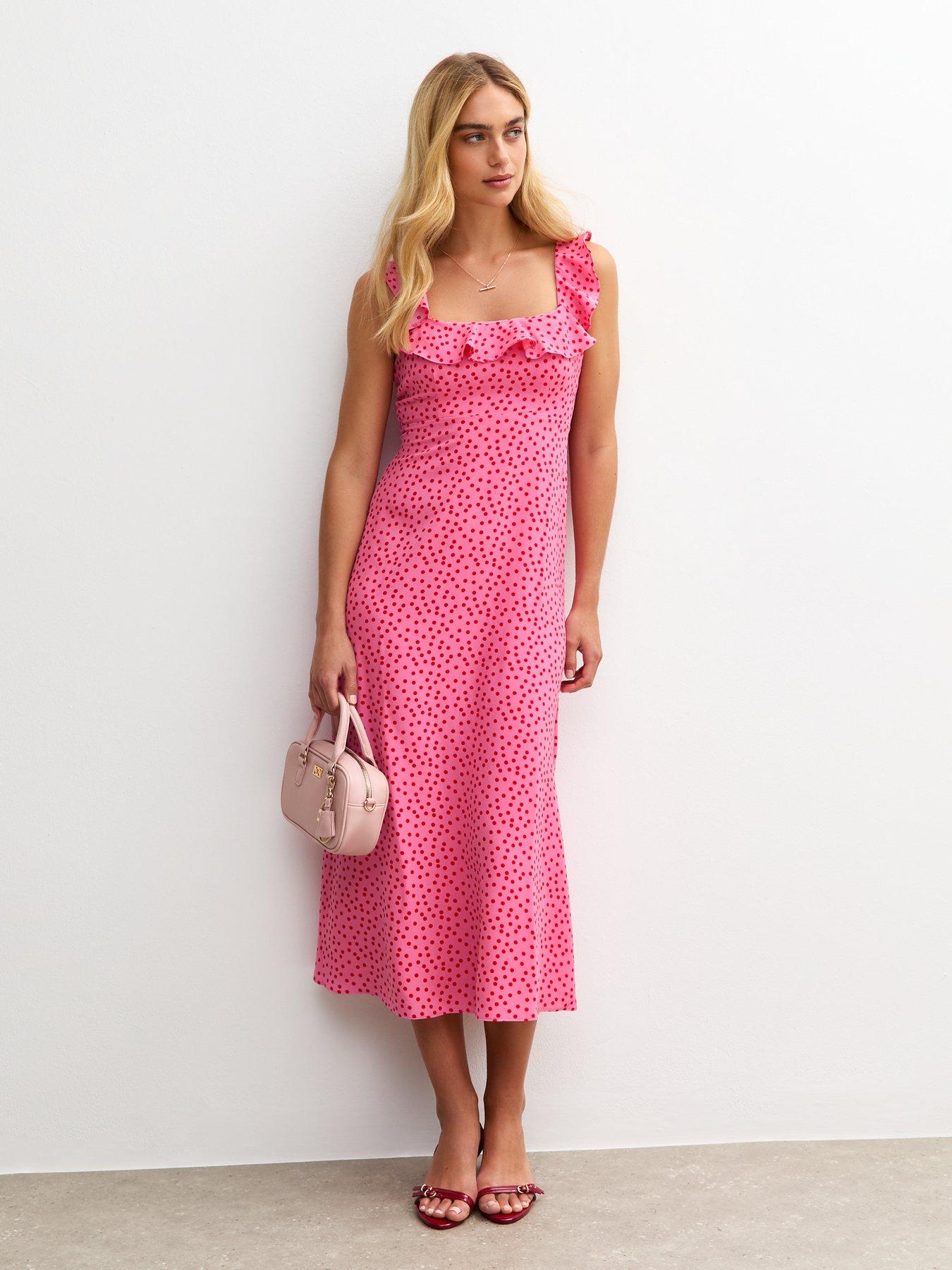 undefined Polka Dot Ruffle Trimmed Midi Dress - Pink