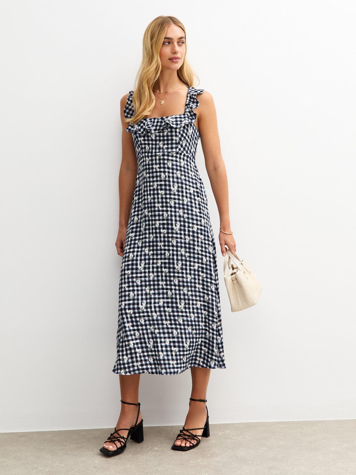 undefined Navy Gingham Check Floral Print Midi Dress - Blue