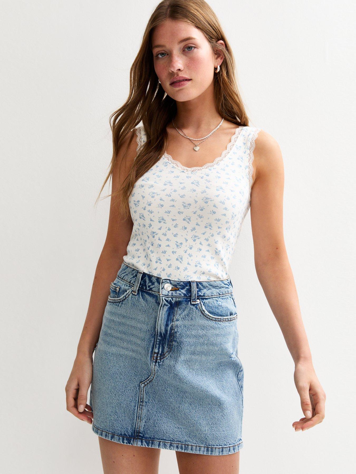 undefined Denim A-Line Skirt - Light Blue