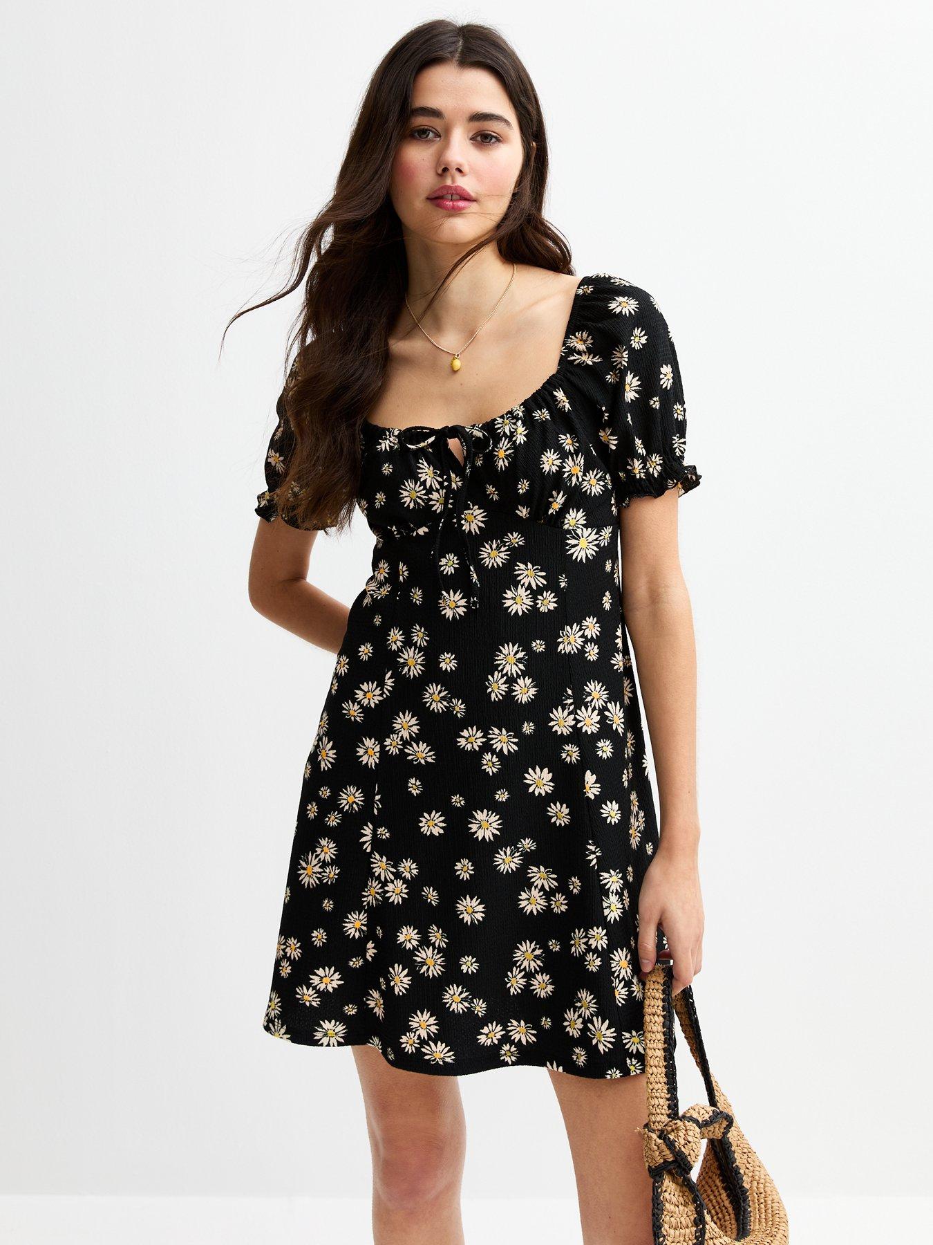 undefined Black Textured Daisy Print Milkmaid Mini Dress