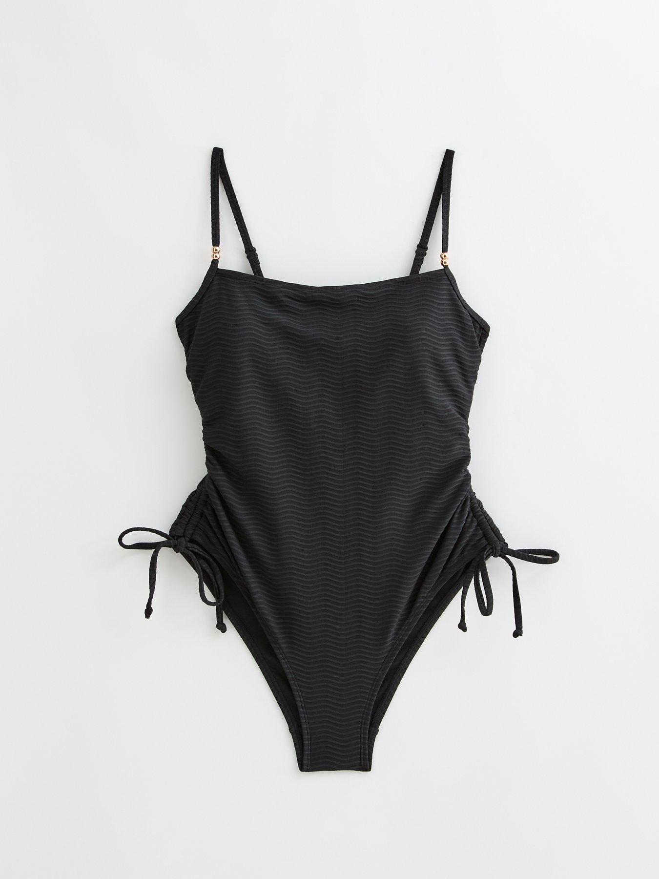 Image 6 of 6 of New Look Black Wave Textured Ruched Side Swimsuit