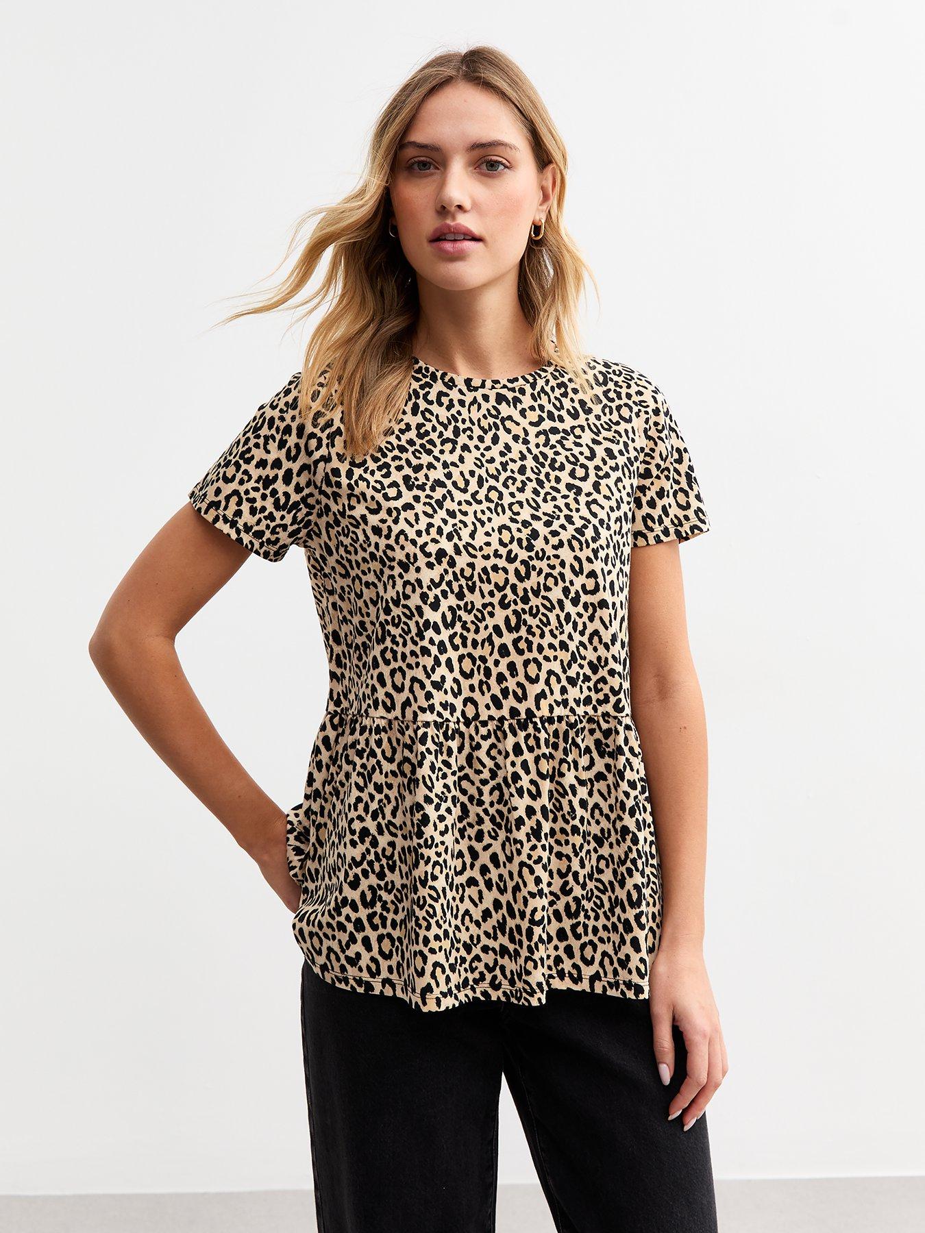 undefined Leopard Print Jersey Peplum Hem T-Shirt - Brown