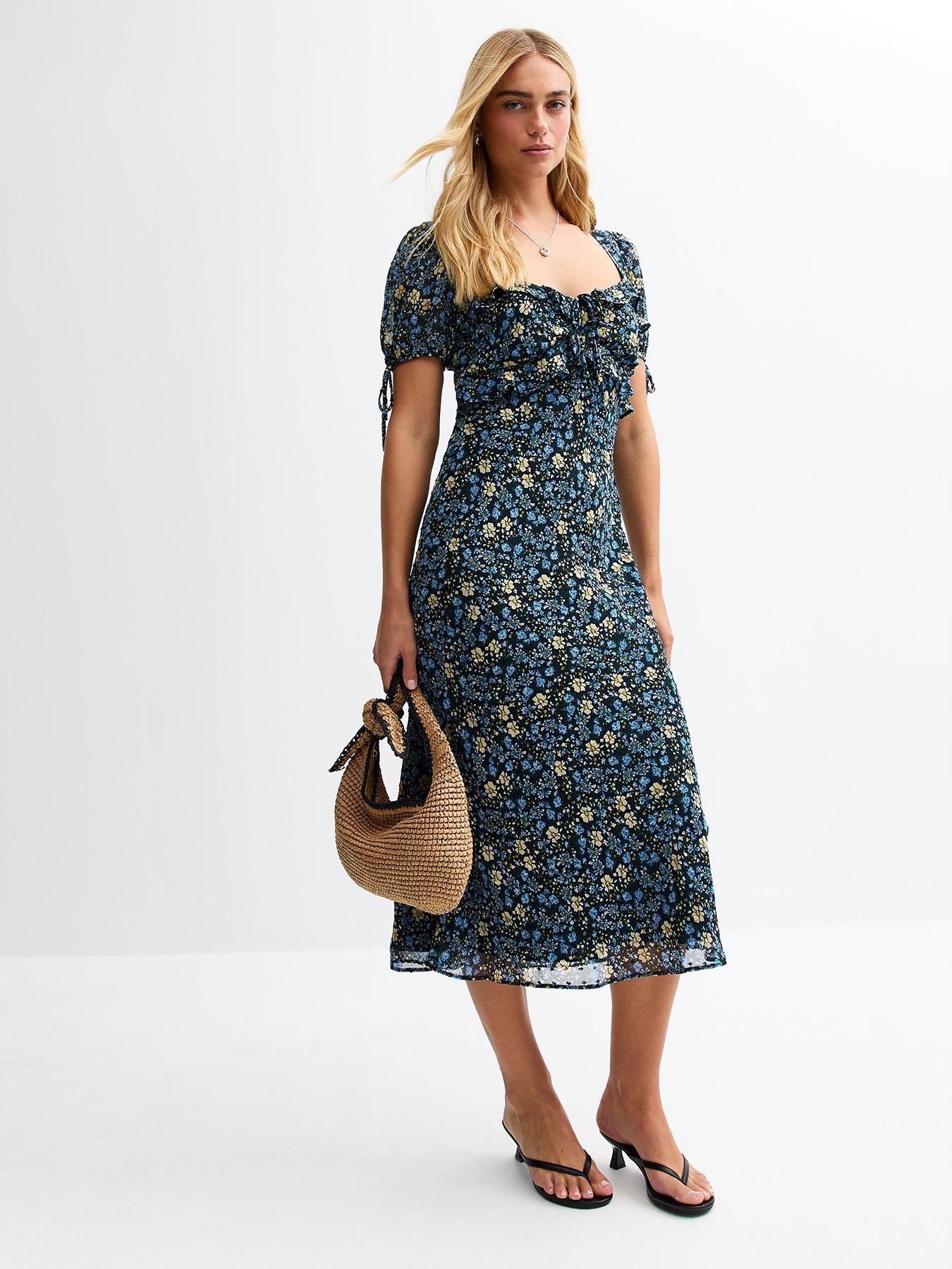 undefined Floral Print Tie Sleeve Chiffon Midi Dress - Blue